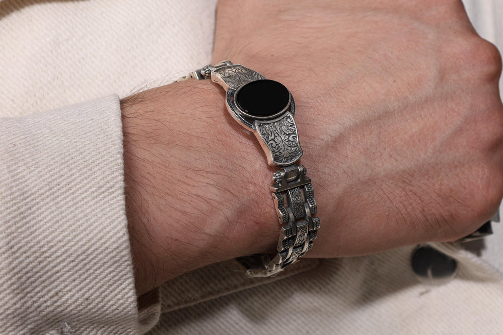 Men’s Silver Onyx Bracelet: Gothic Engraved Sterling Silver Cuff with Black Gemstone