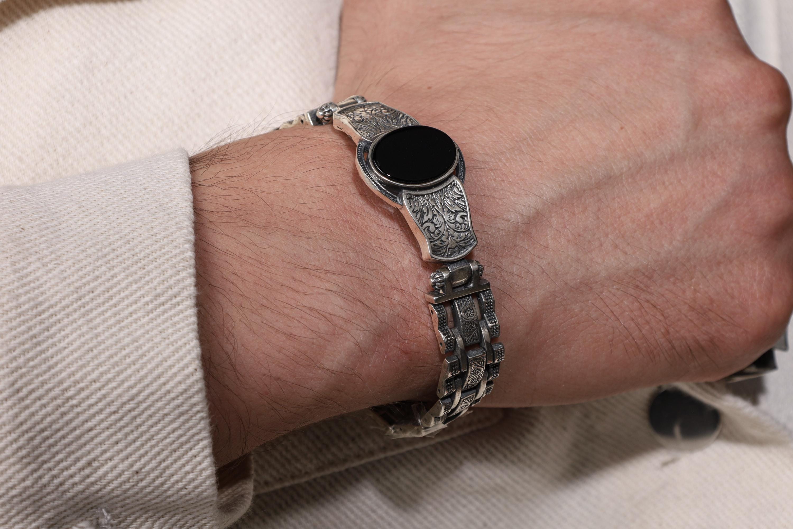 Men’s Silver Onyx Bracelet: Gothic Engraved Sterling Silver Cuff with Black Gemstone