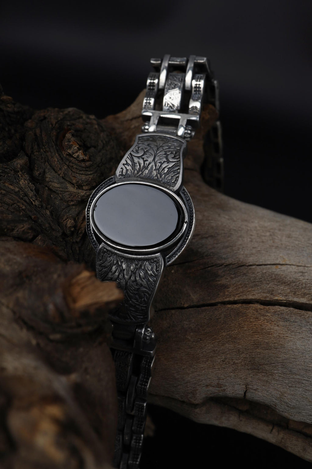 Men’s Silver Onyx Bracelet: Gothic Engraved Sterling Silver Cuff with Black Gemstone