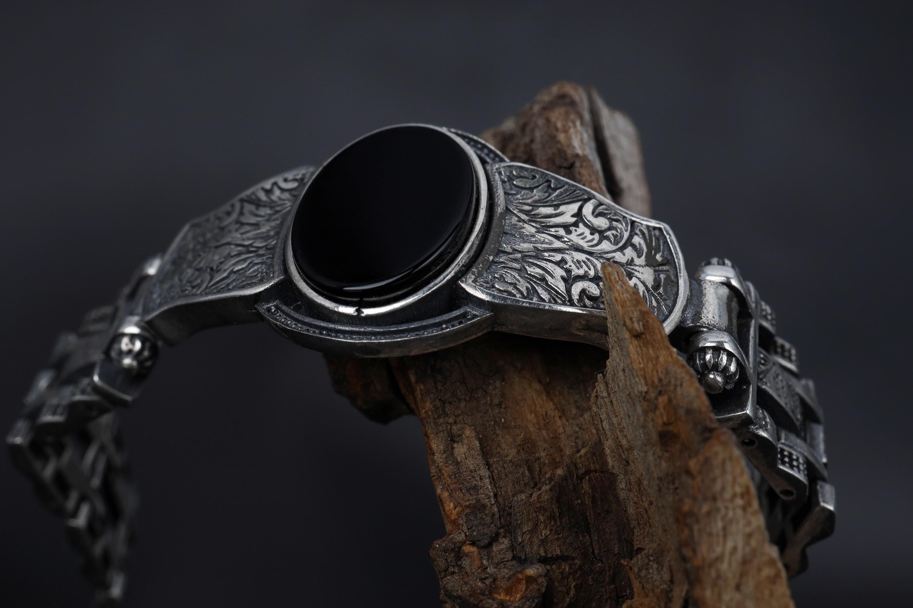 Men’s Silver Onyx Bracelet: Gothic Engraved Sterling Silver Cuff with Black Gemstone