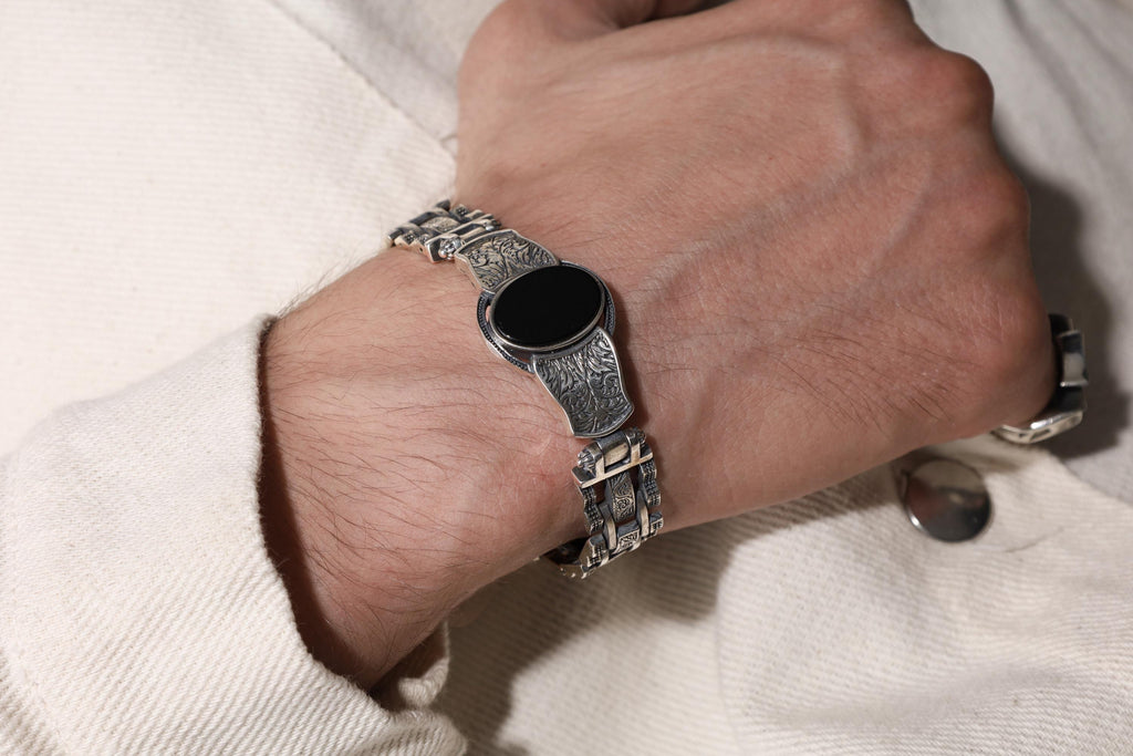 Men’s Silver Onyx Bracelet: Gothic Engraved Sterling Silver Cuff with Black Gemstone