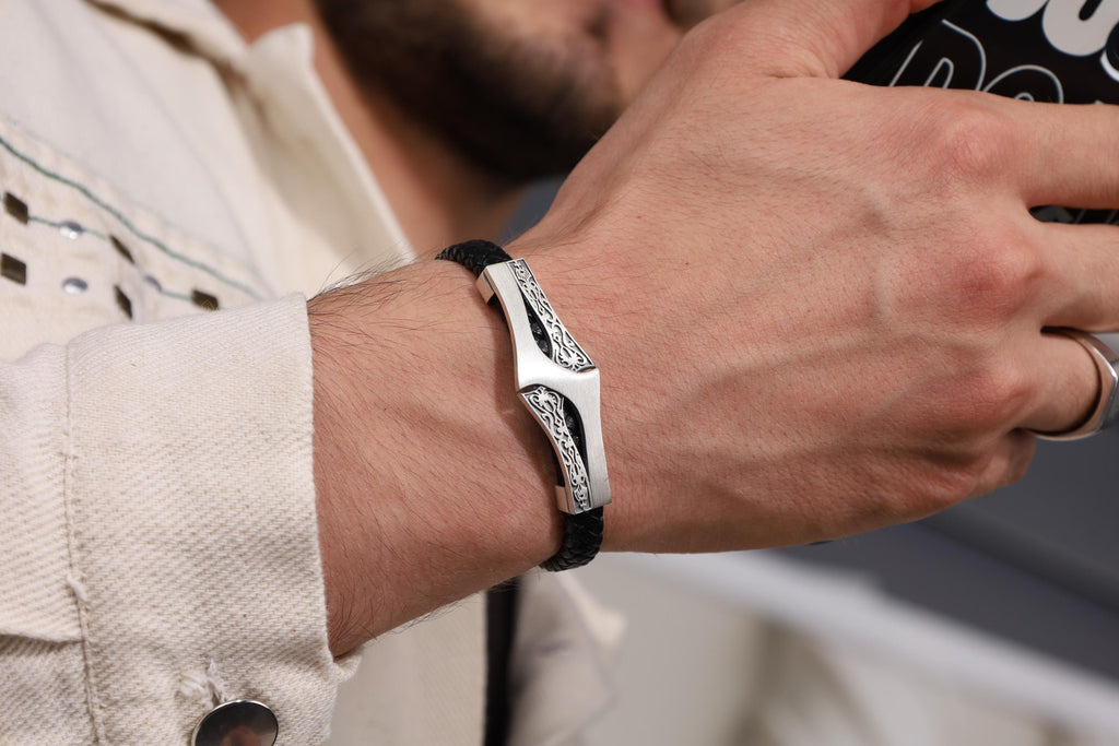 Engraved Sterling Silver Celtic Leather Cuff Bracelet, Handmade