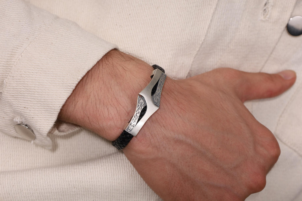 Engraved Sterling Silver Celtic Leather Cuff Bracelet, Handmade