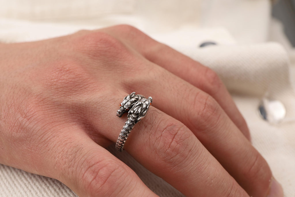 Chinese Dragon Head Ring: 925K Sterling Silver Adjustable Band for Men, Handmade Mystical Jewelry