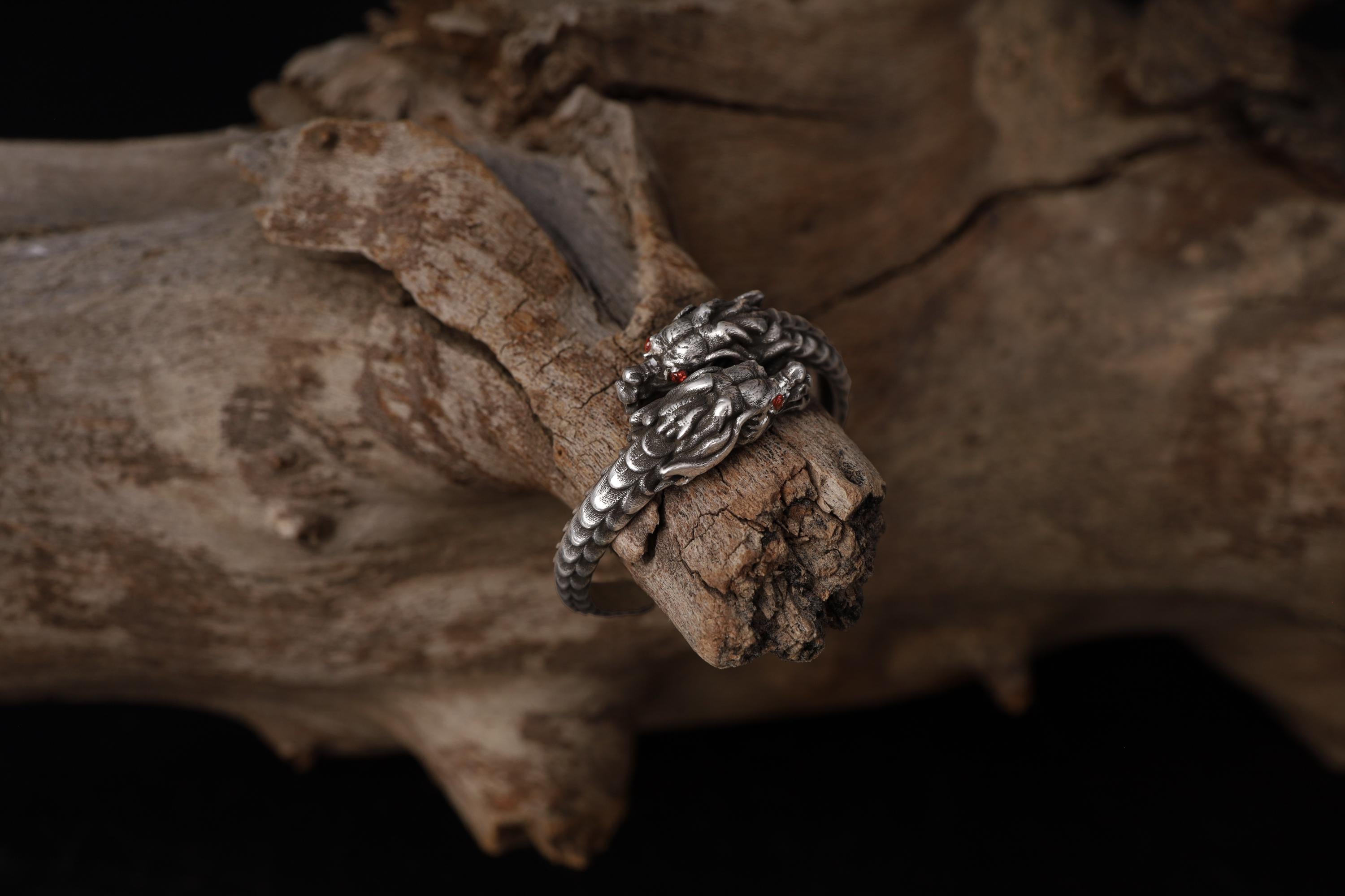 Chinese Dragon Head Ring: 925K Sterling Silver Adjustable Band for Men, Handmade Mystical Jewelry