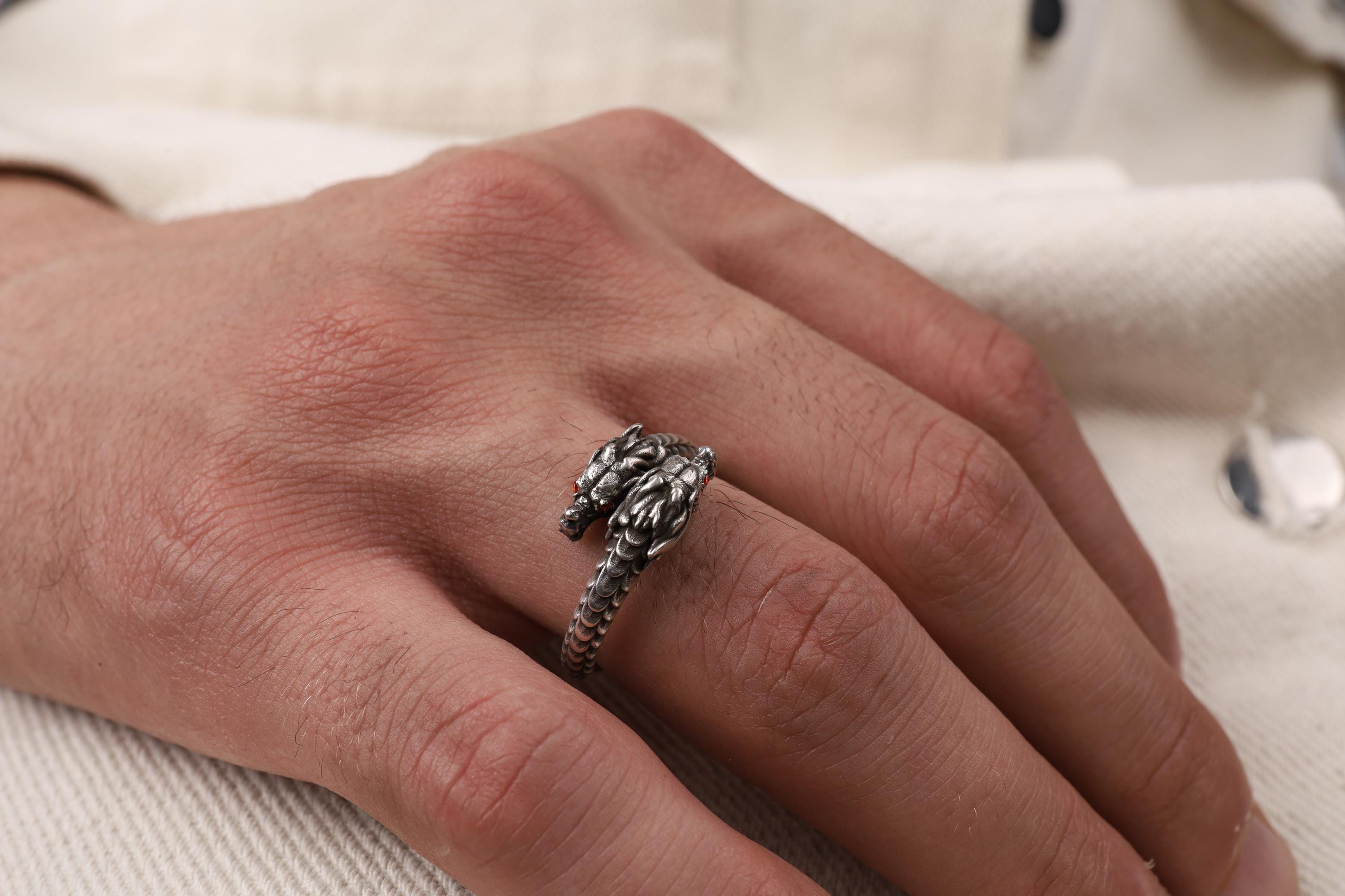 Chinese Dragon Head Ring: 925K Sterling Silver Adjustable Band for Men, Handmade Mystical Jewelry