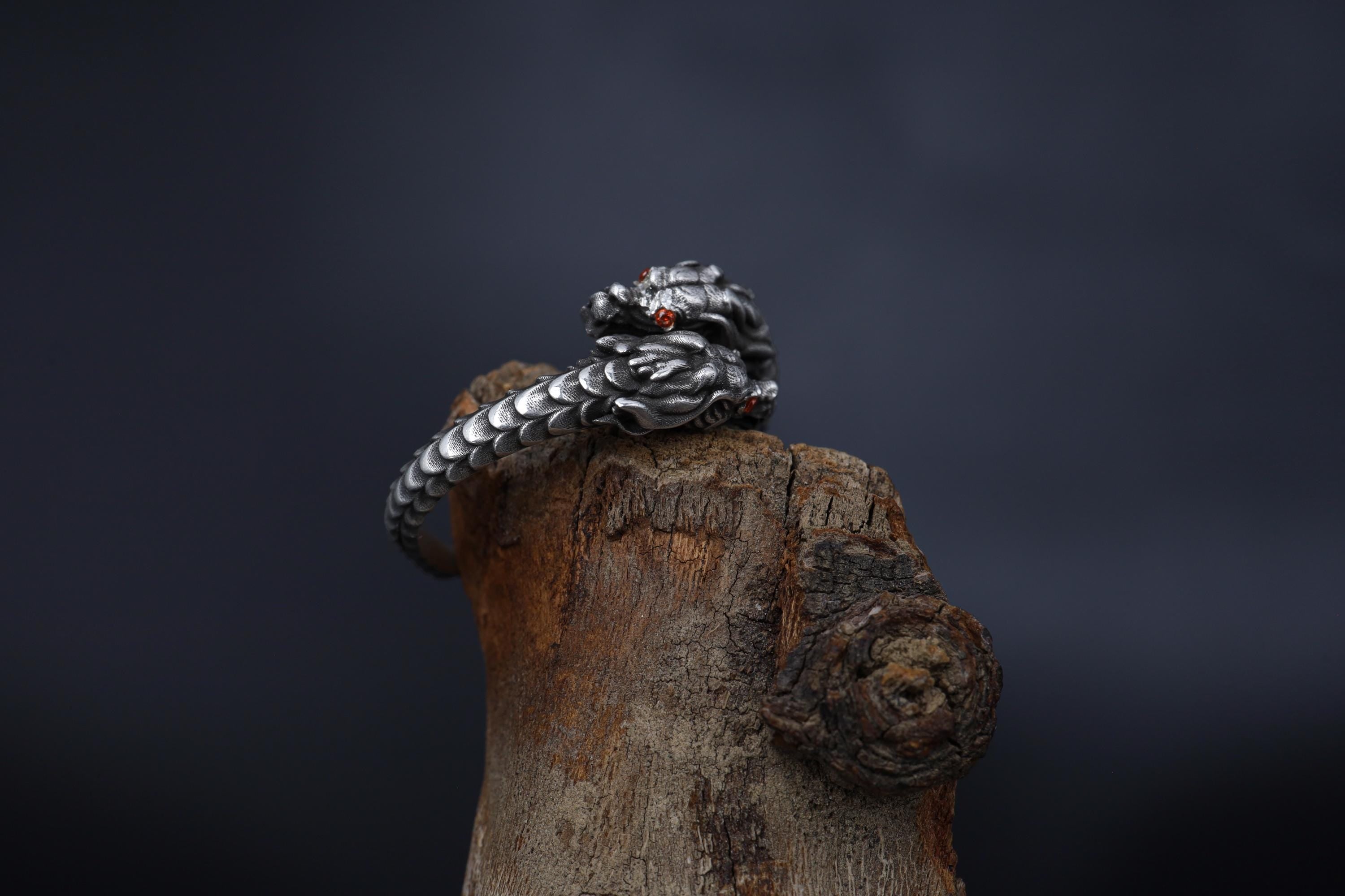 Chinese Dragon Head Ring: 925K Sterling Silver Adjustable Band for Men, Handmade Mystical Jewelry
