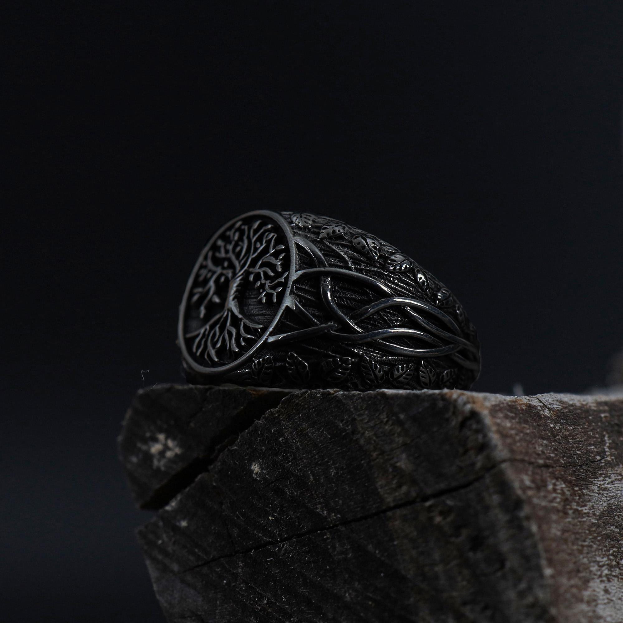 Mens Yggdrasil Ring: Sterling Silver Tree of Life Norse Band, Celtic Symbolism