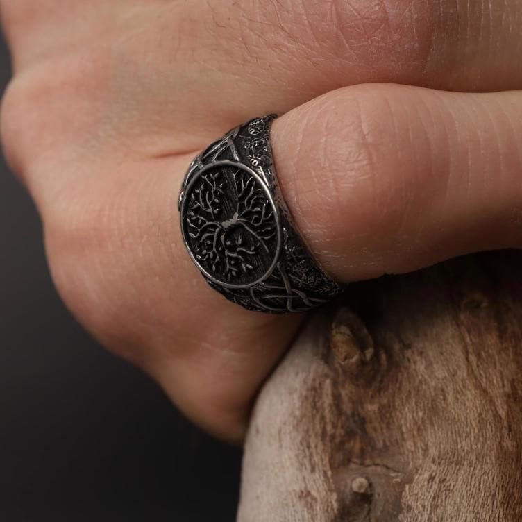 Mens Yggdrasil Ring: Sterling Silver Tree of Life Norse Band, Celtic Symbolism