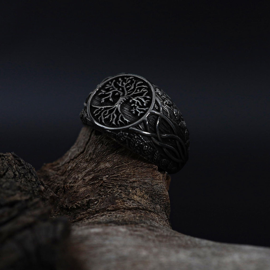 Rhodium Plated Yggdrasil Ring, Tree of Life Signet Ring for Men, Bohemian Nature Symbol Ring, Scandinavian Ring, Life Force Jewelry