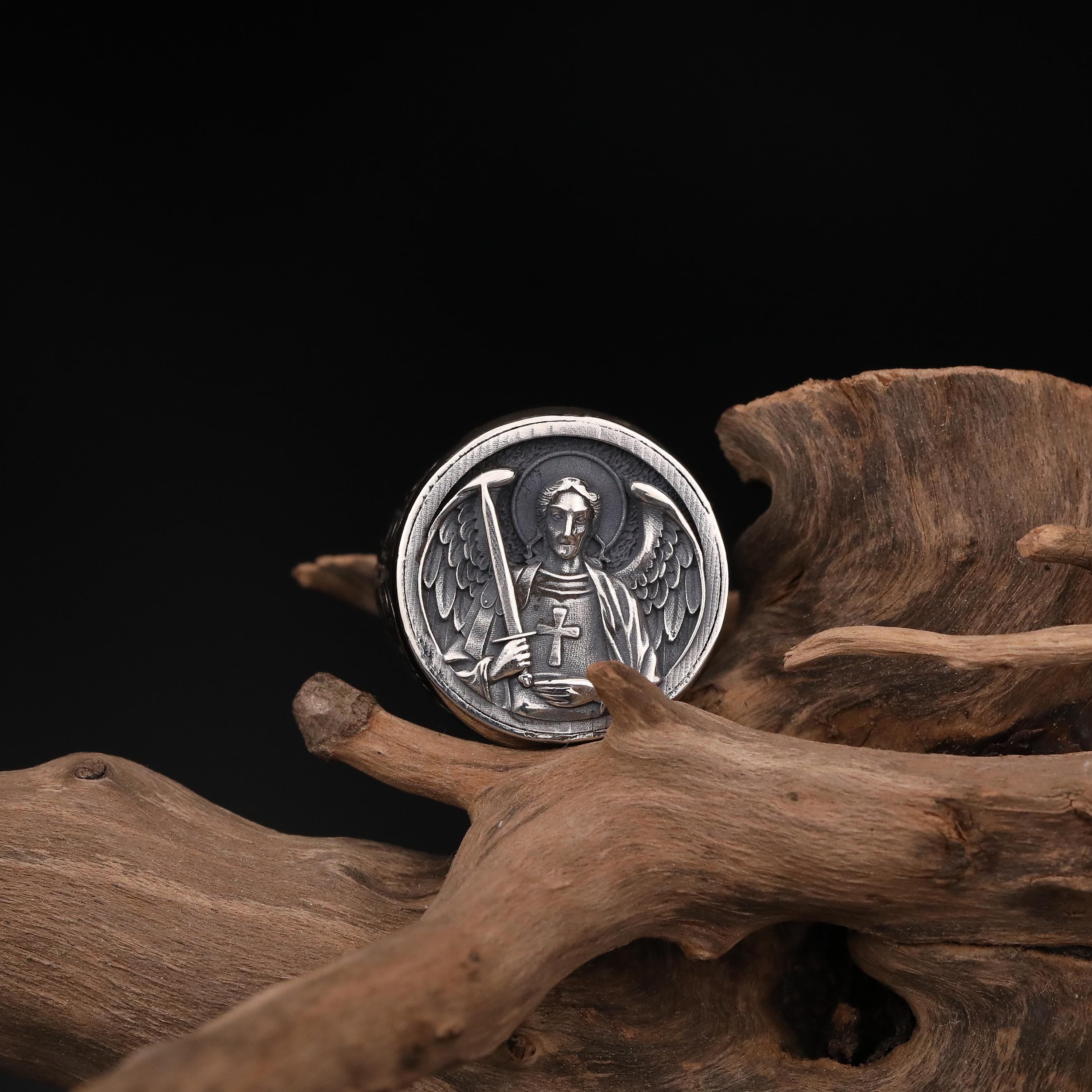 St. Michael Archangel Silver Ring for Men: Warrior Angel Sword Signet Ring, Spiritual Protection Jewelry