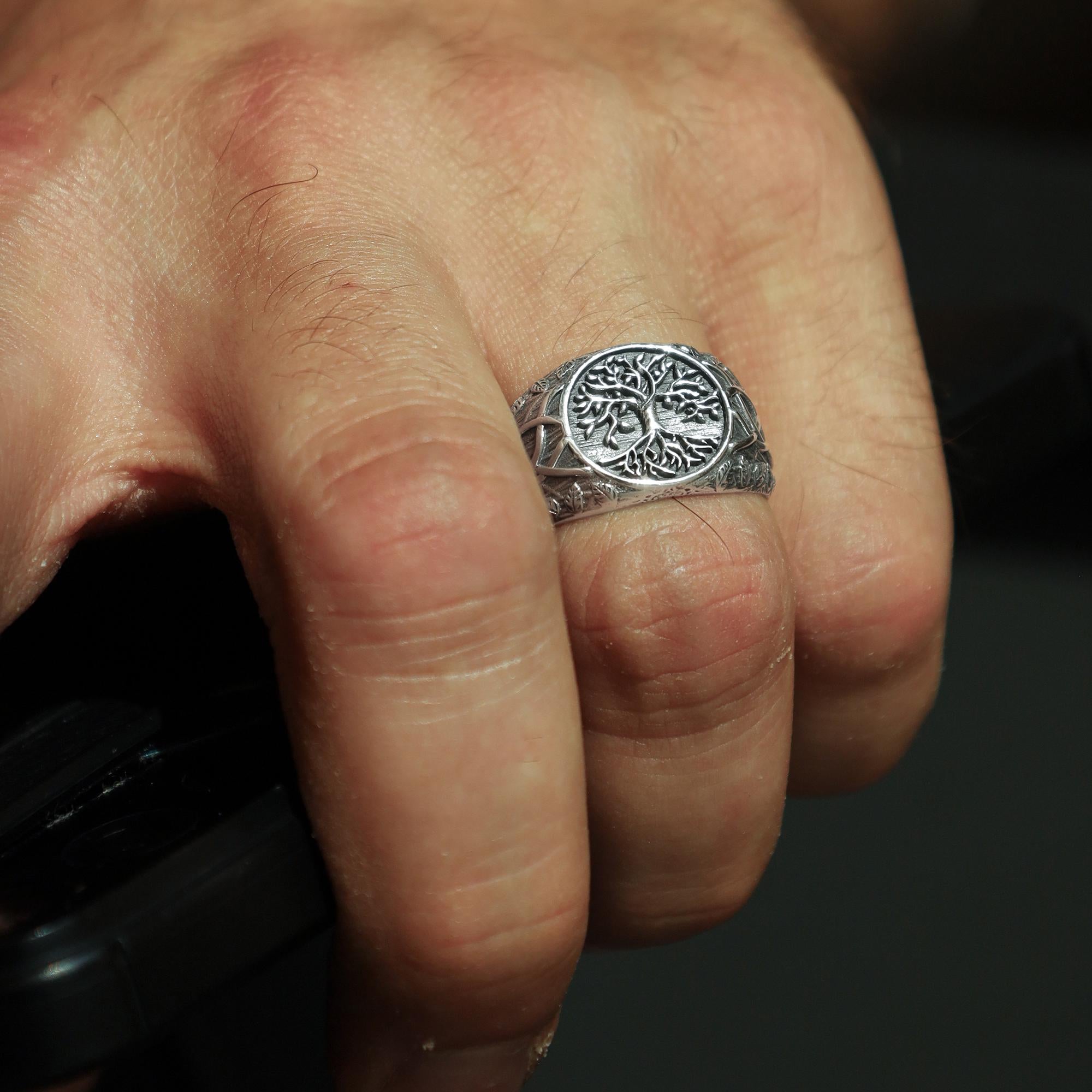 Men's Gold Plated Tree of Life Signet Ring: Norse Yggdrasil Mythological Jewelry