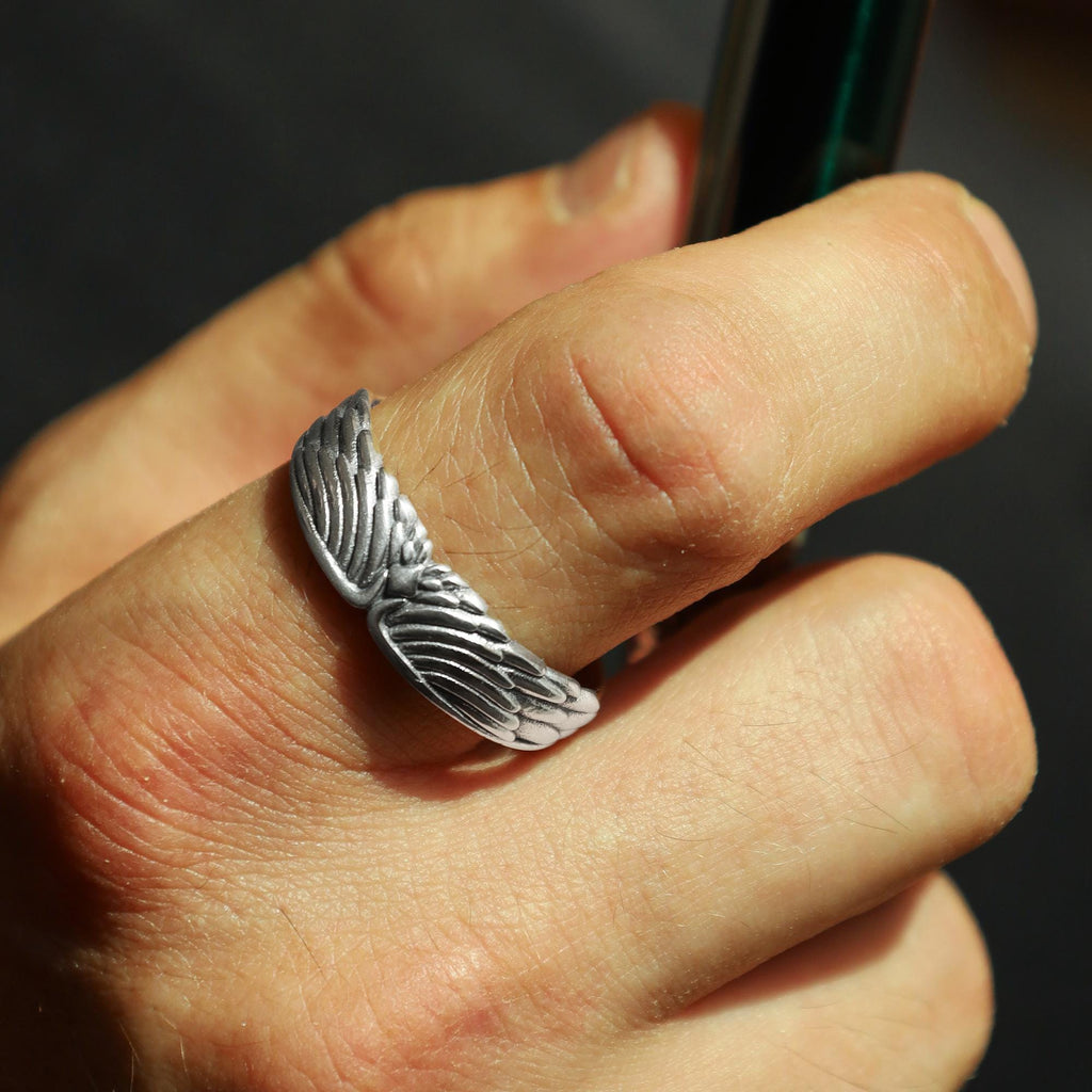 Sterling Silver Wings Band Ring: Symbolic Angelic Unisex Statement Jewelry