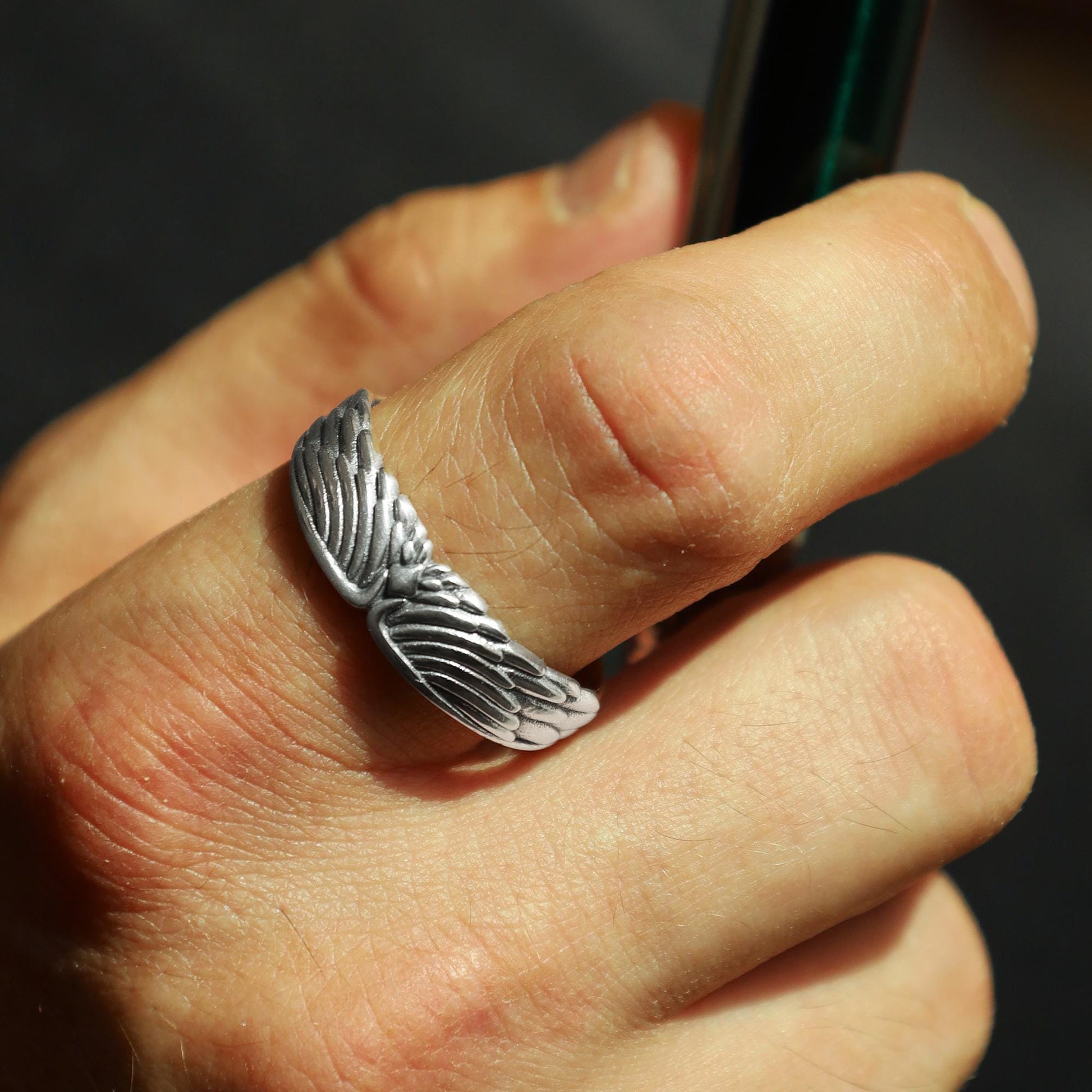 Sterling Silver Wings Band Ring: Symbolic Angelic Unisex Statement Jewelry