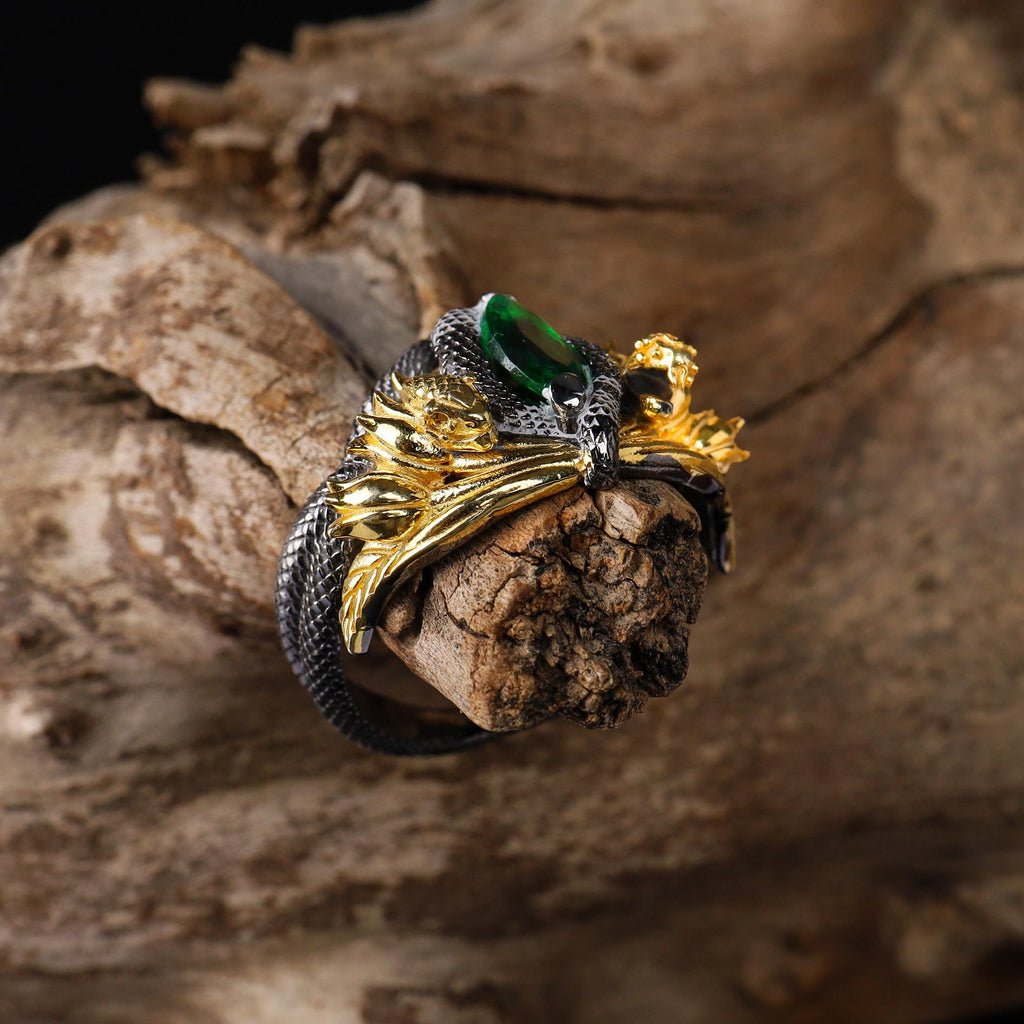 Gold Plated Sterling Silver Snake Ring: Green Gemstone Flower Design