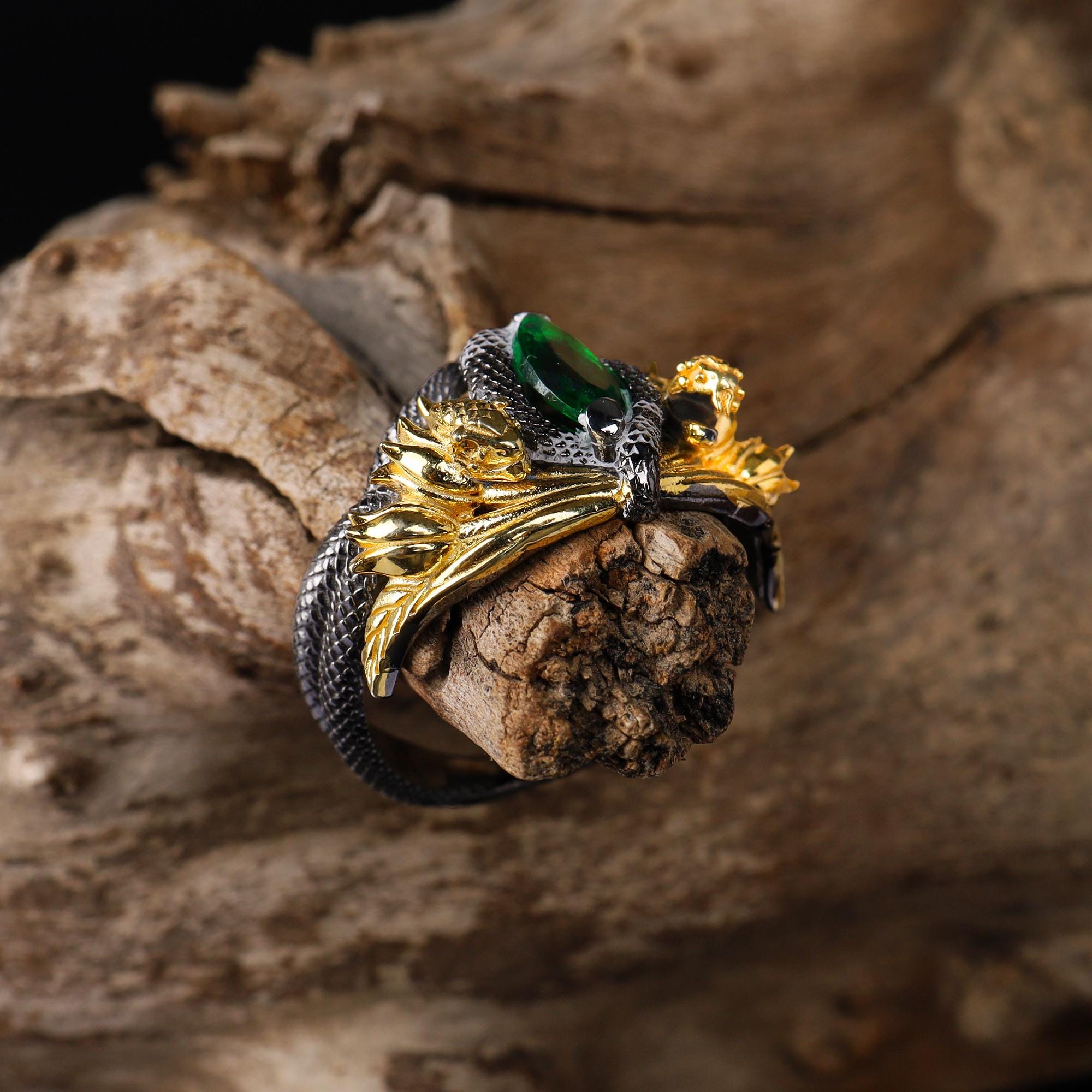 Gold Plated Sterling Silver Snake Ring: Green Gemstone Flower Design