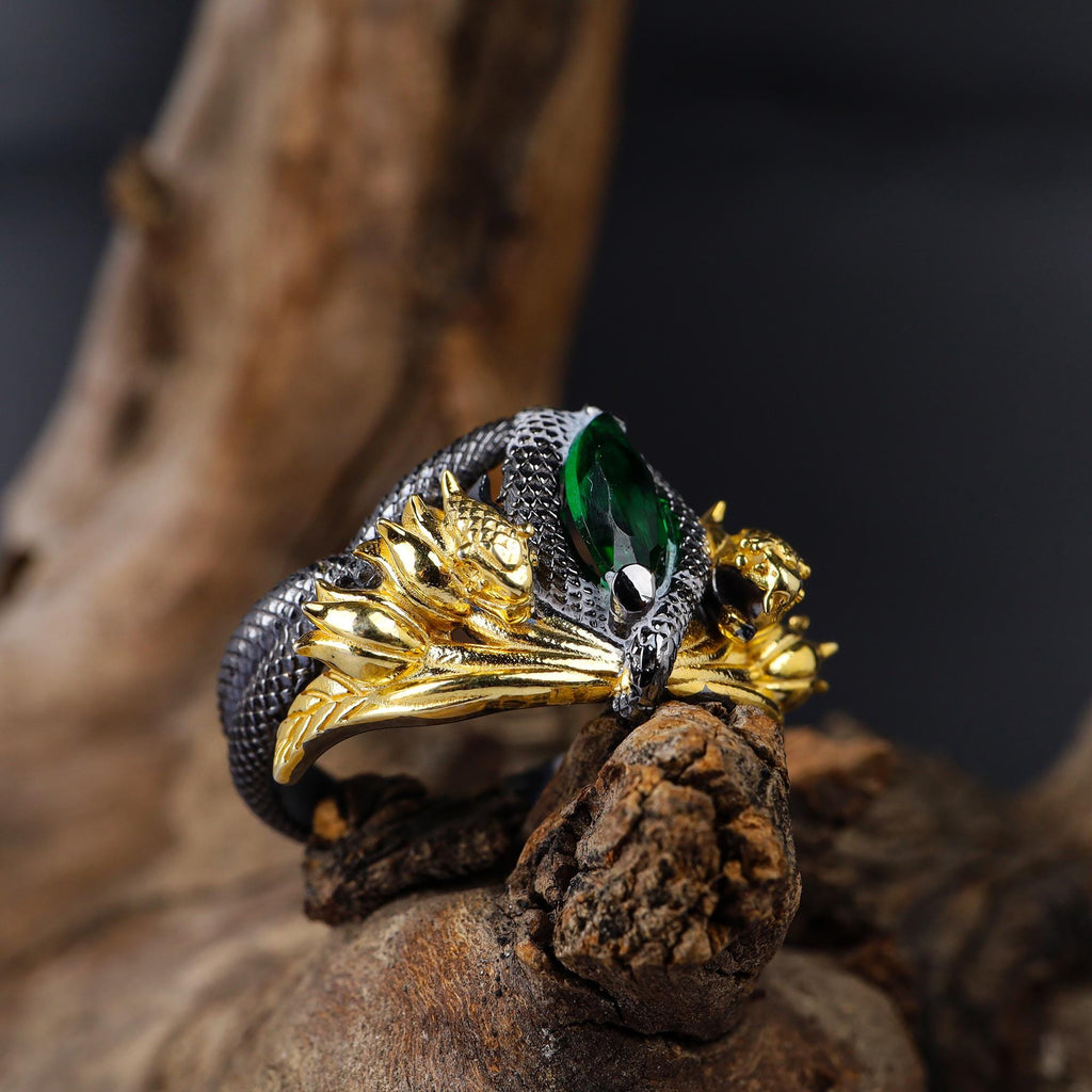Gold Plated Sterling Silver Snake Ring: Green Gemstone Flower Design