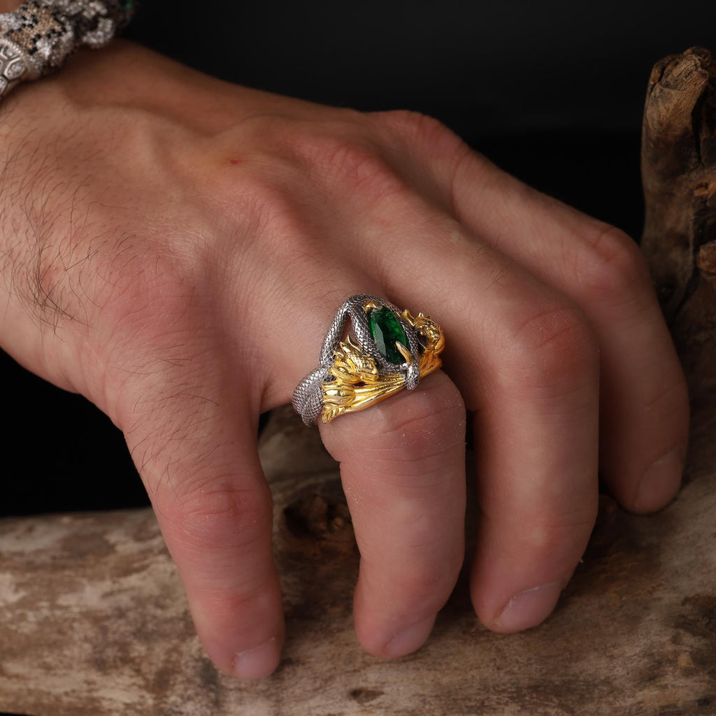 Gold Plated Sterling Silver Snake Ring: Green Gemstone Flower Design