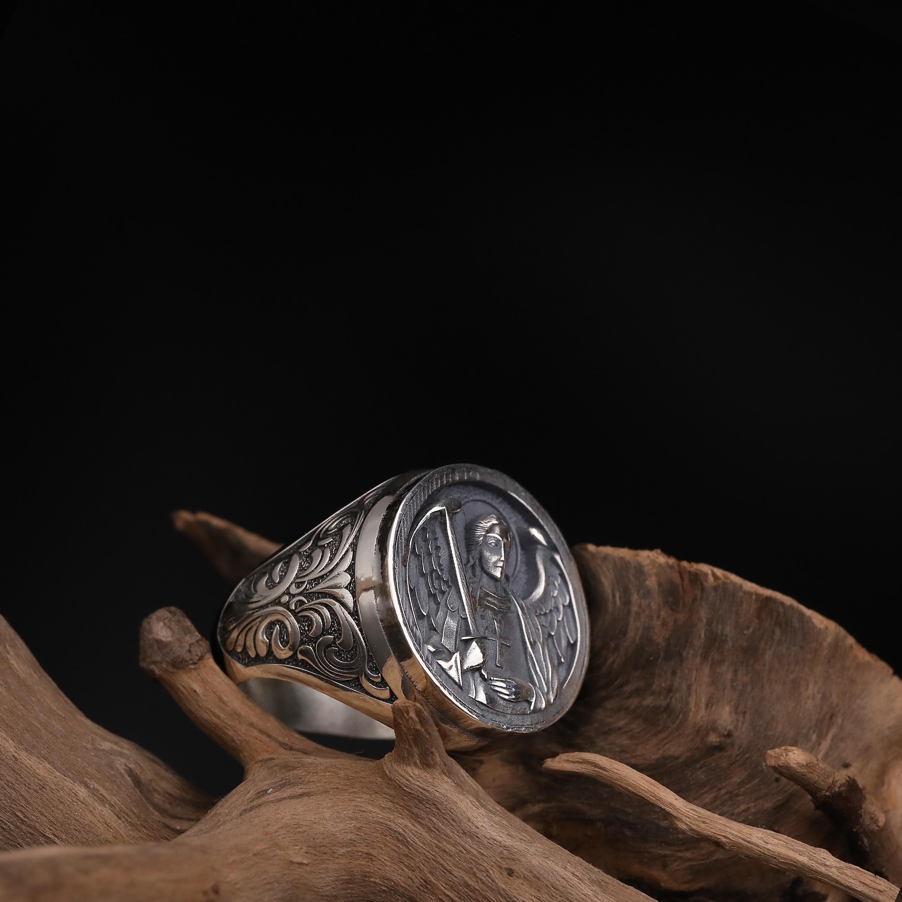 St. Michael Archangel Silver Ring for Men: Warrior Angel Sword Signet Ring, Spiritual Protection Jewelry