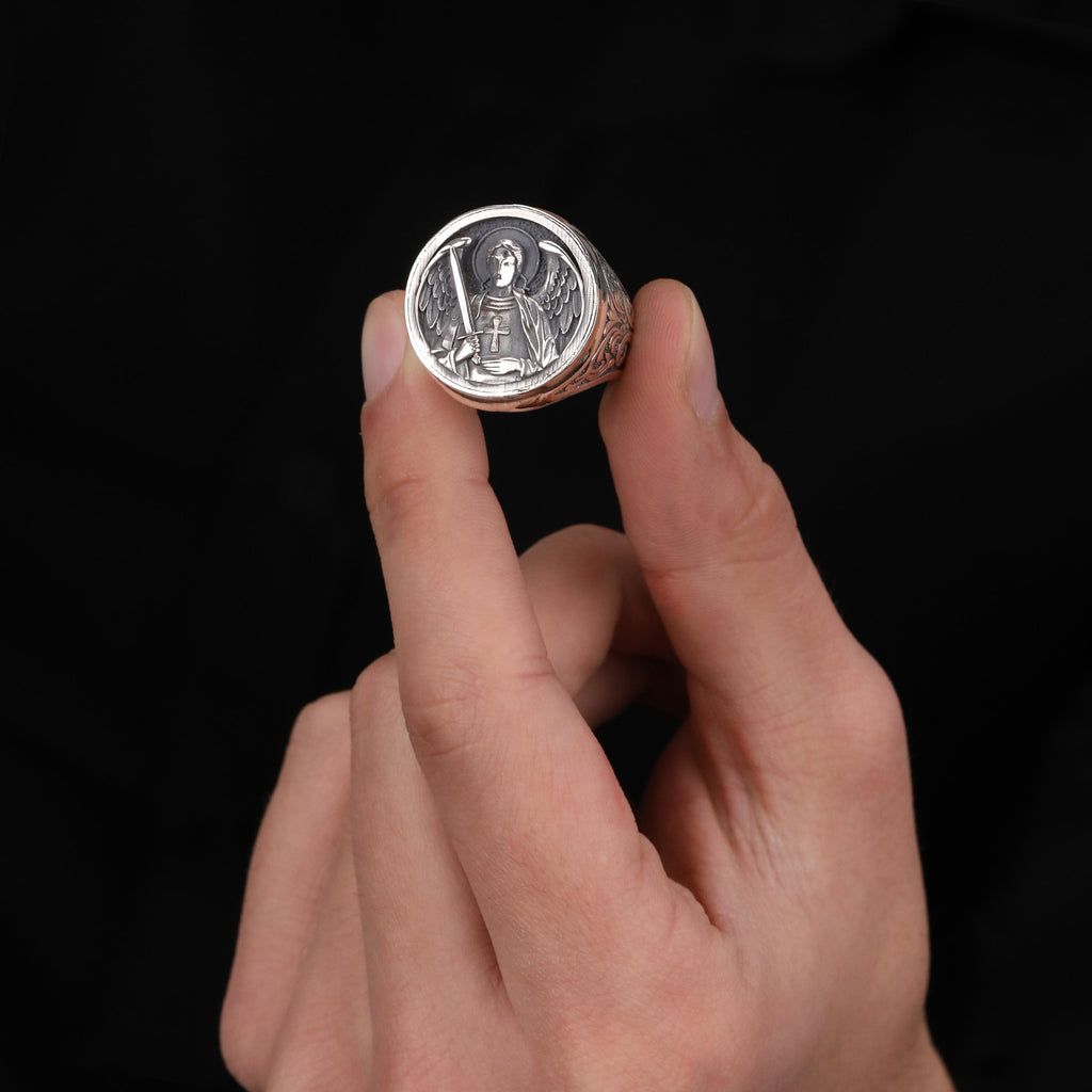 St. Michael Archangel Silver Ring for Men: Warrior Angel Sword Signet Ring, Spiritual Protection Jewelry