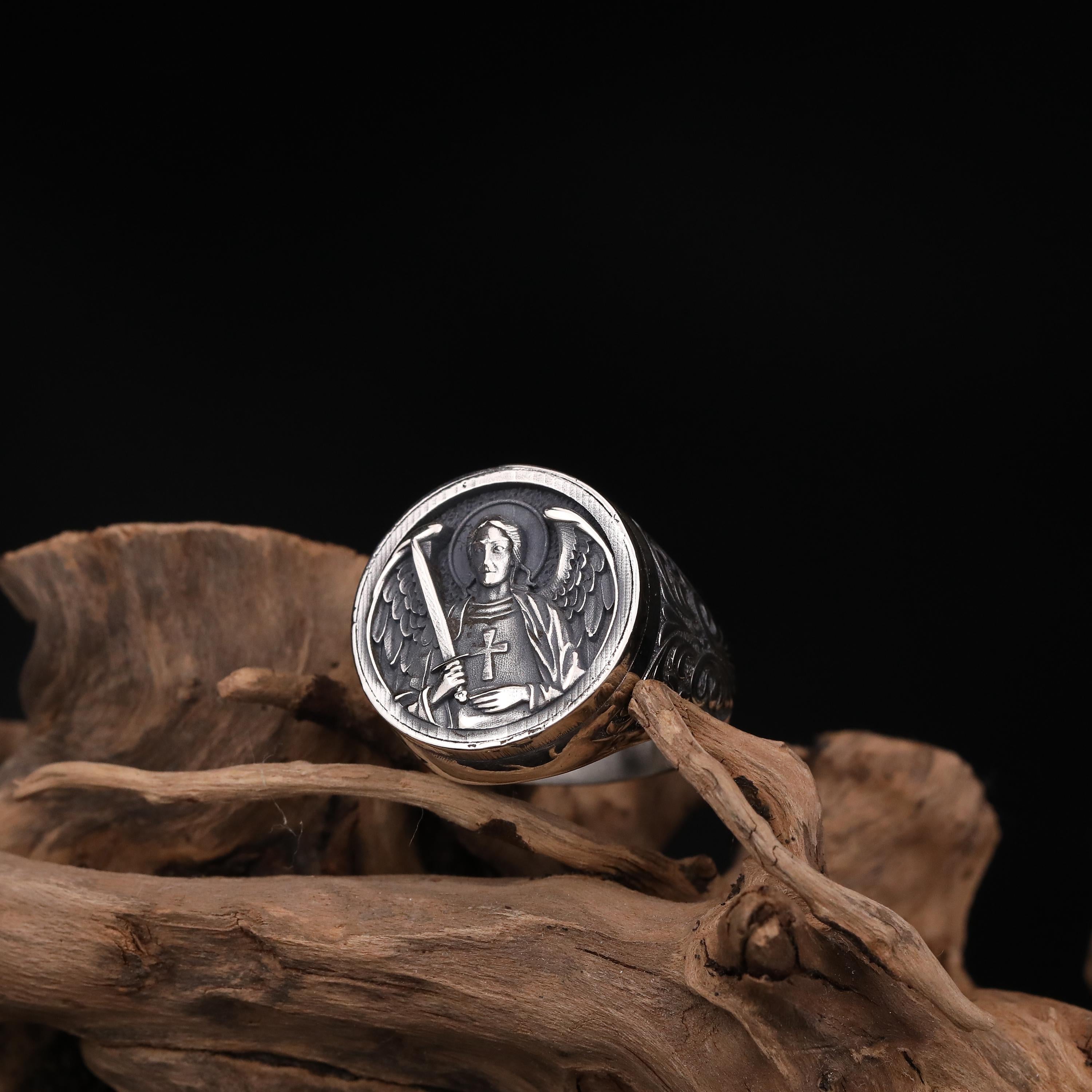 St. Michael Archangel Silver Ring for Men: Warrior Angel Sword Signet Ring, Spiritual Protection Jewelry