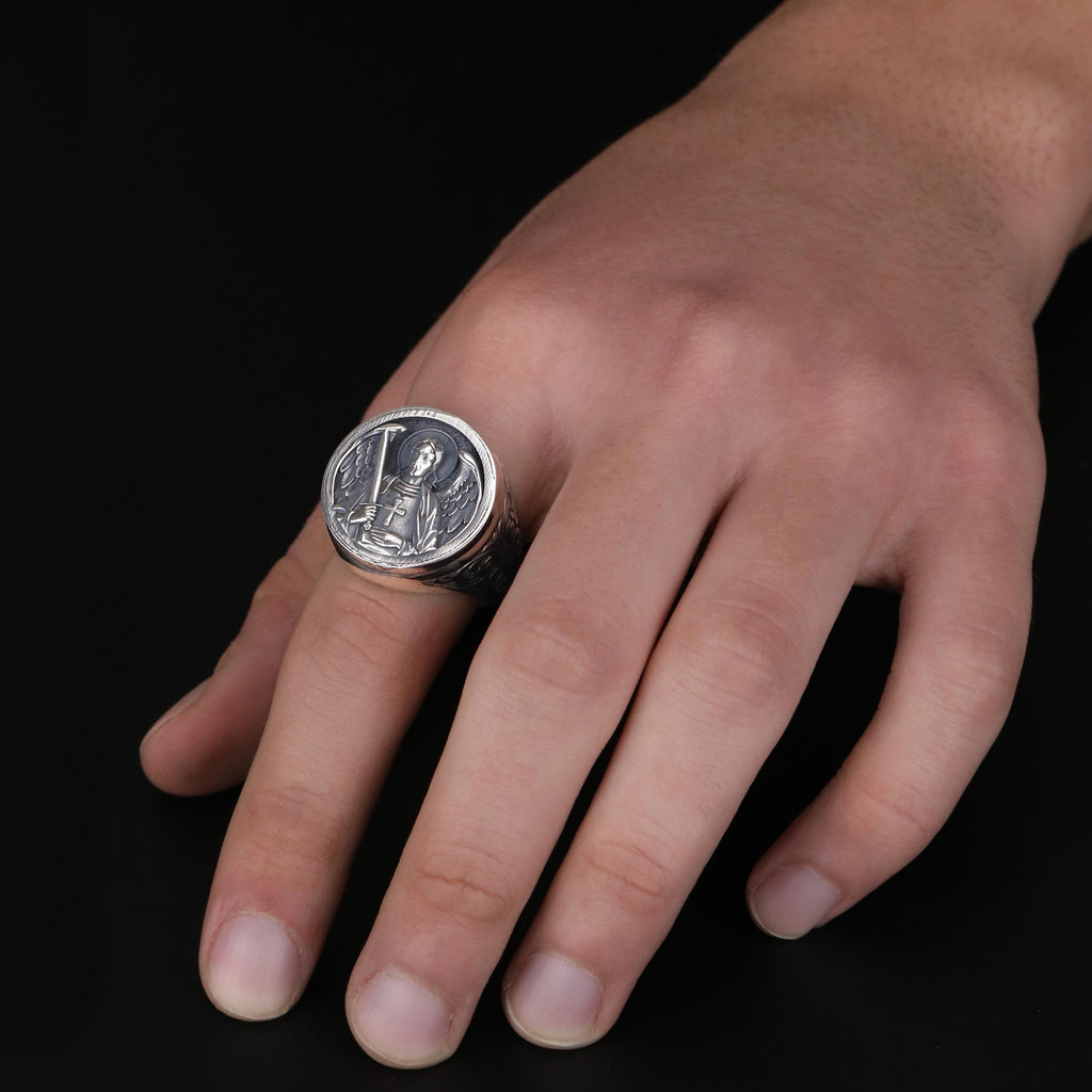 St. Michael Archangel Silver Ring for Men: Warrior Angel Sword Signet Ring, Spiritual Protection Jewelry