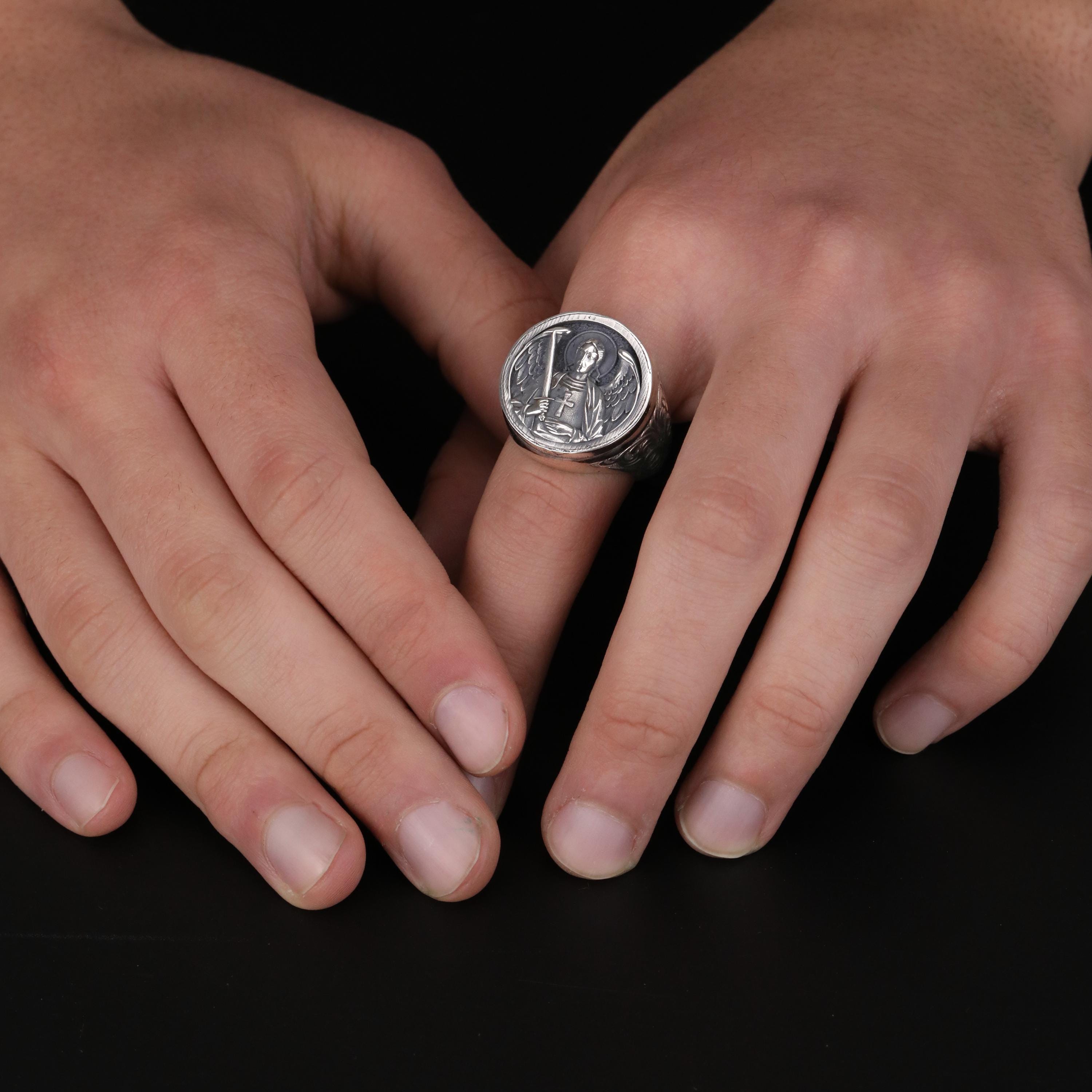 St. Michael Archangel Silver Ring for Men: Warrior Angel Sword Signet Ring, Spiritual Protection Jewelry
