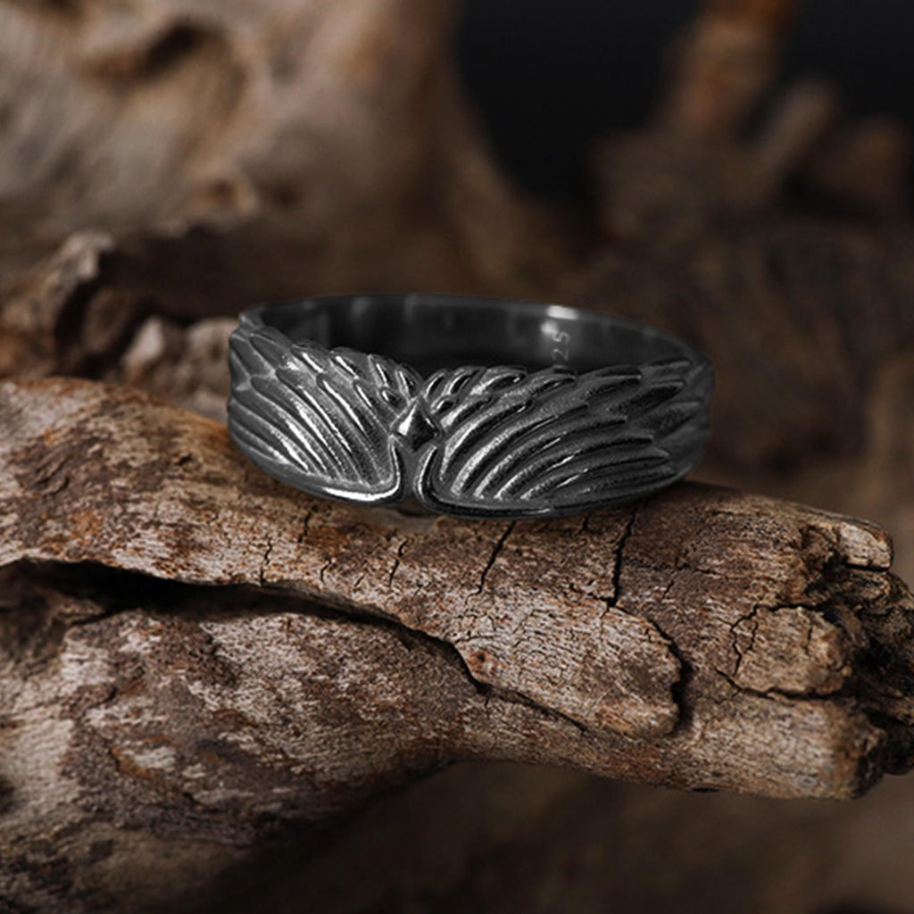 Sterling Silver Wings Band Ring: Symbolic Angelic Unisex Statement Jewelry