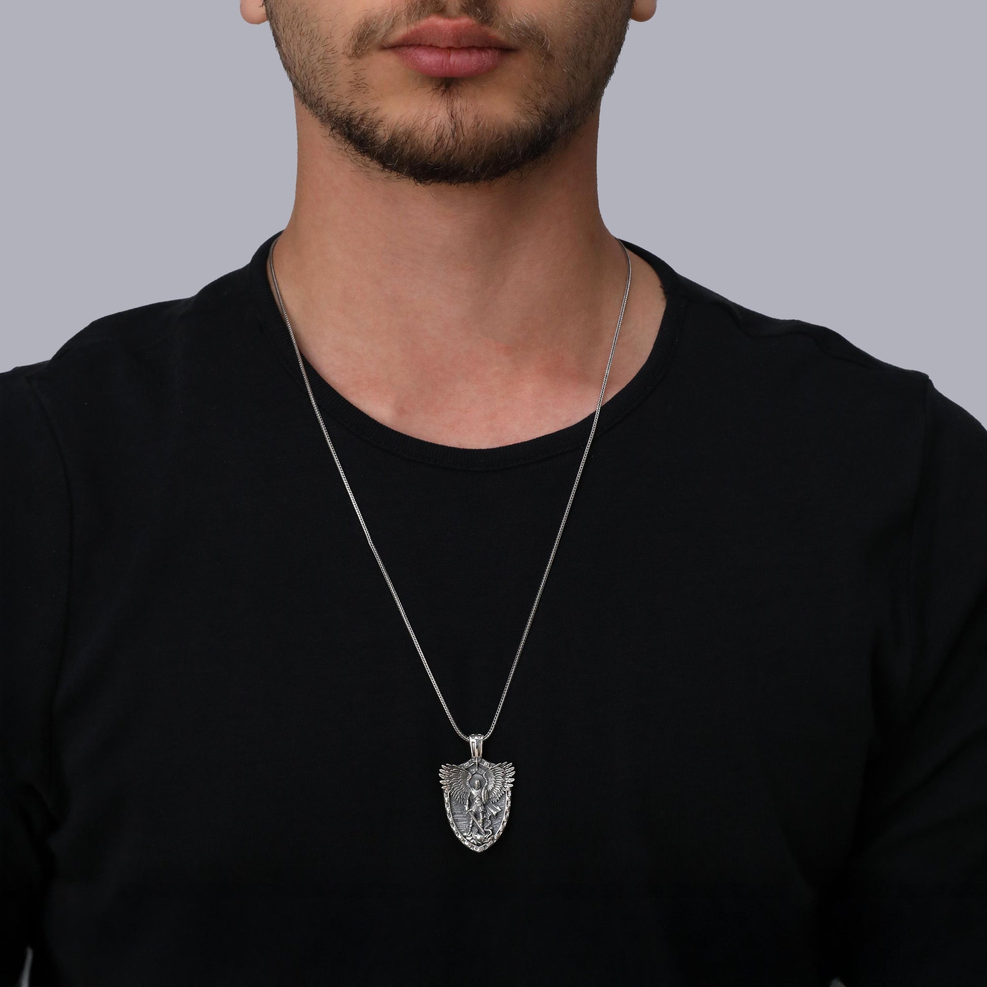 Handmade Sterling Silver Saint Michael Shield Pendant, Religious Necklace
