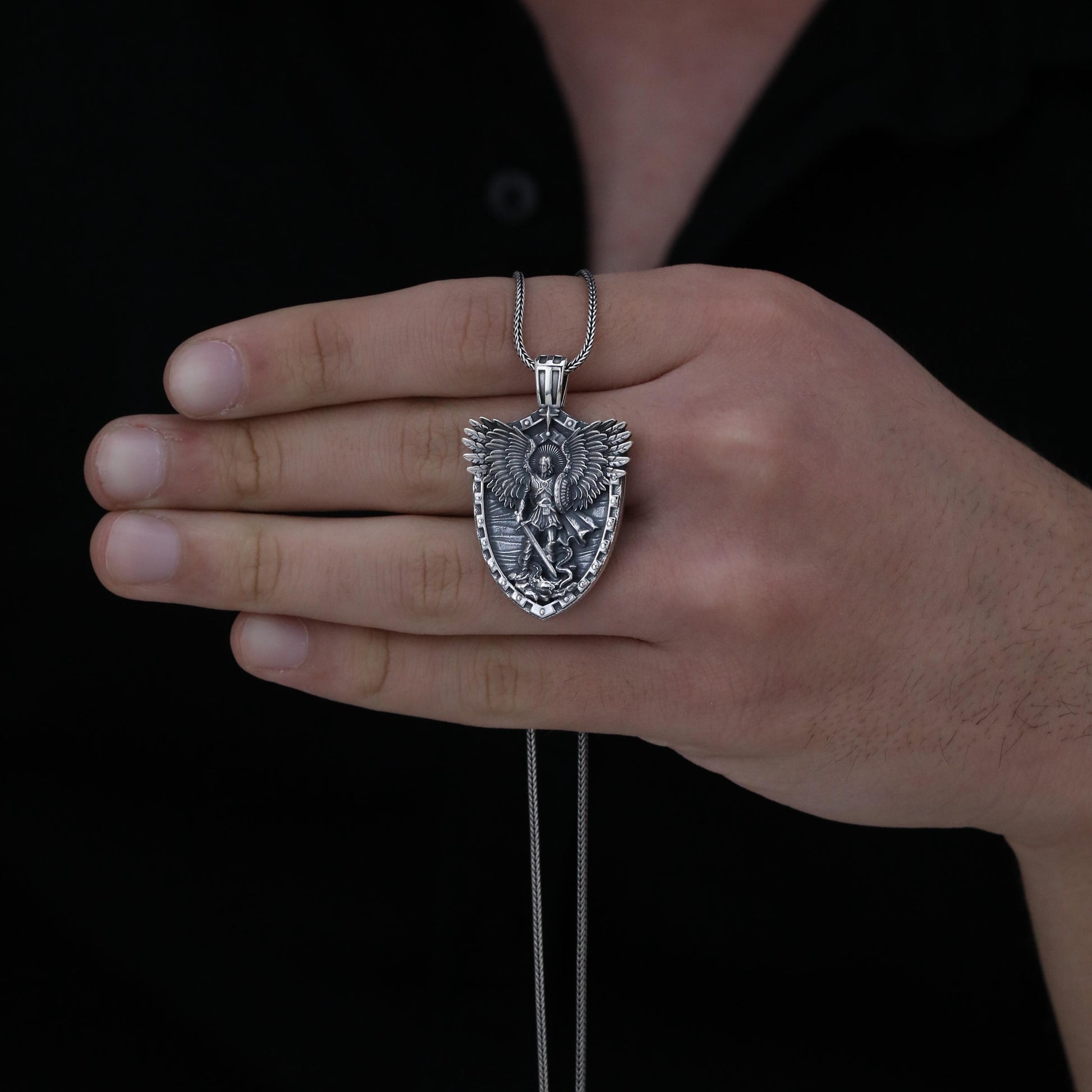 Handmade Sterling Silver Saint Michael Shield Pendant, Religious Necklace