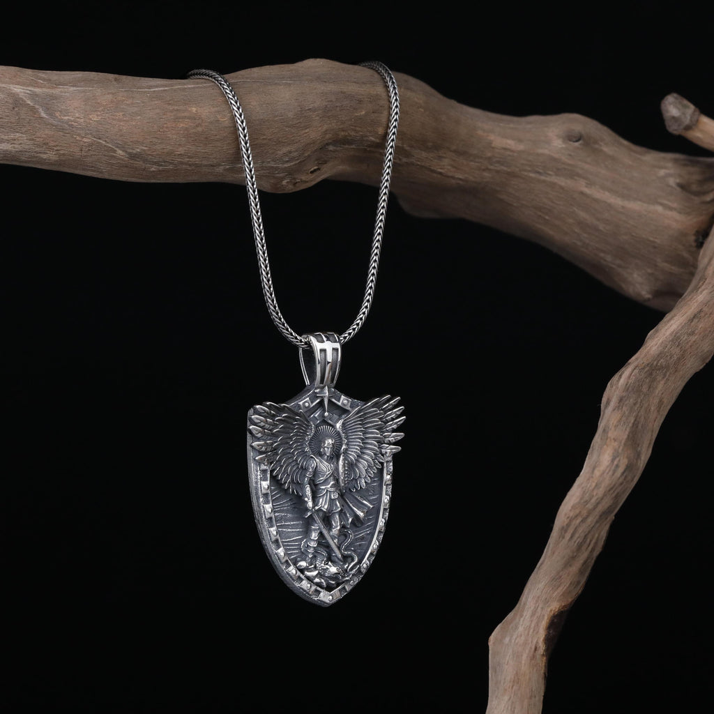 Handmade Sterling Silver Saint Michael Shield Pendant, Religious Necklace