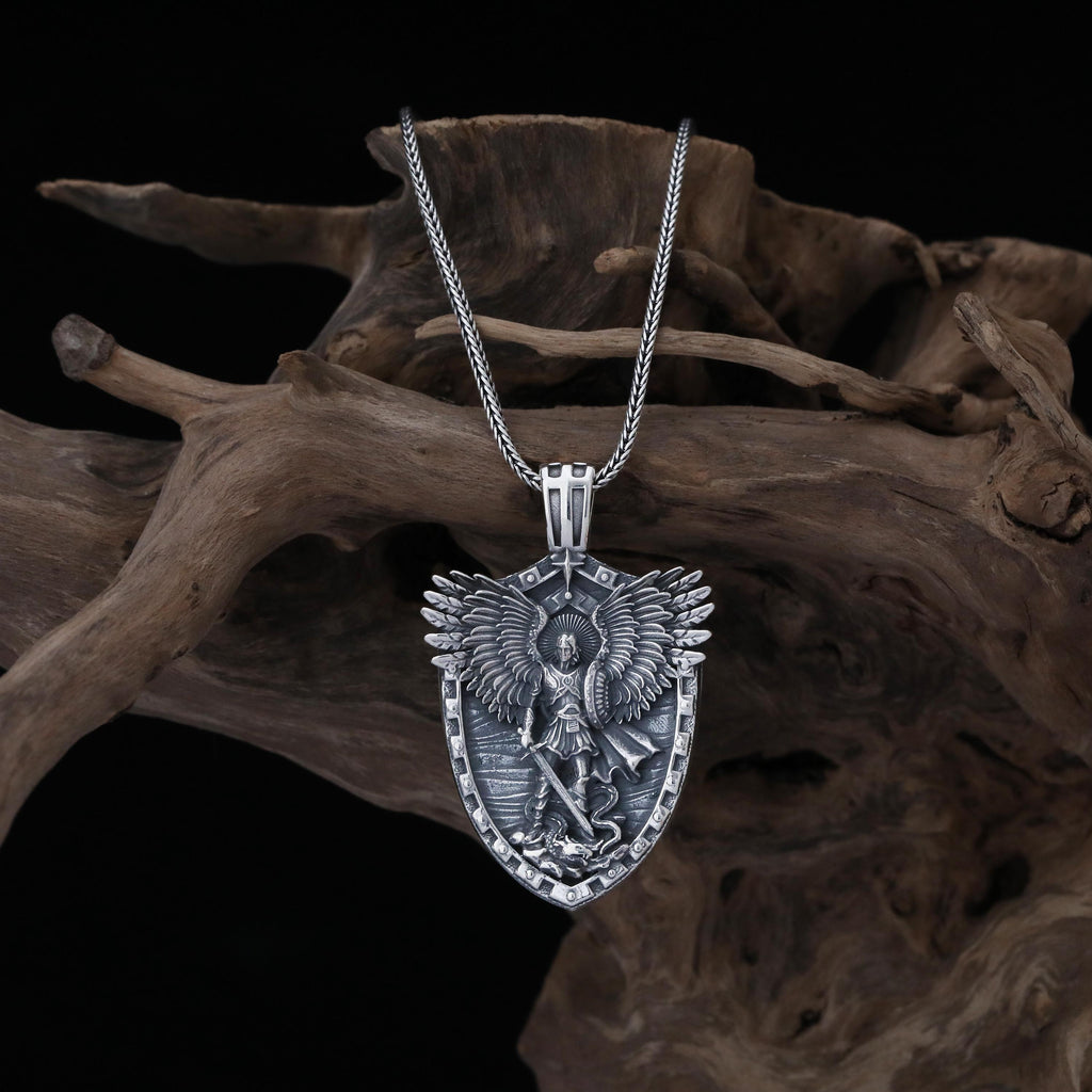 Handmade Sterling Silver Saint Michael Shield Pendant, Religious Necklace