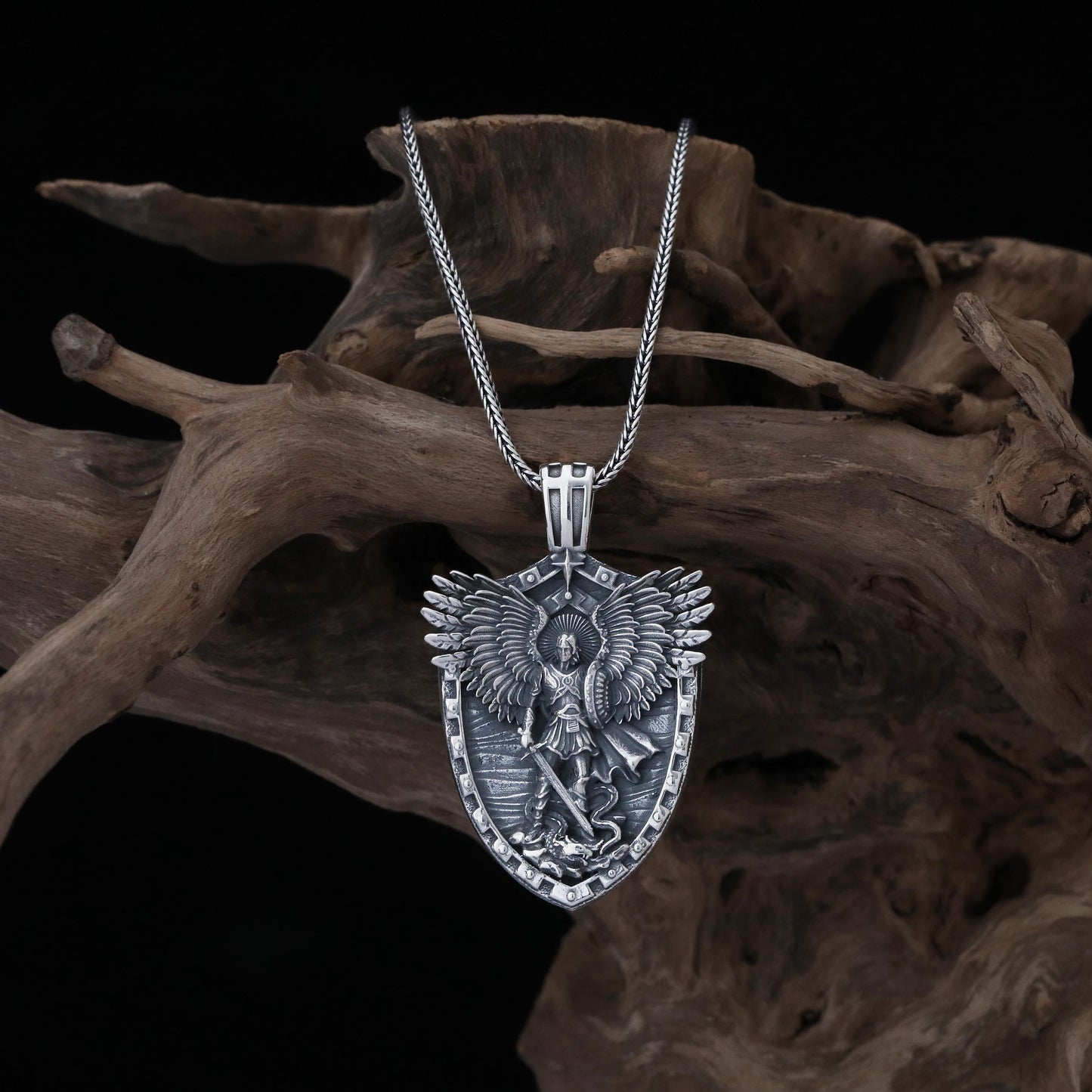 Handmade Sterling Silver Saint Michael Shield Pendant, Religious Necklace