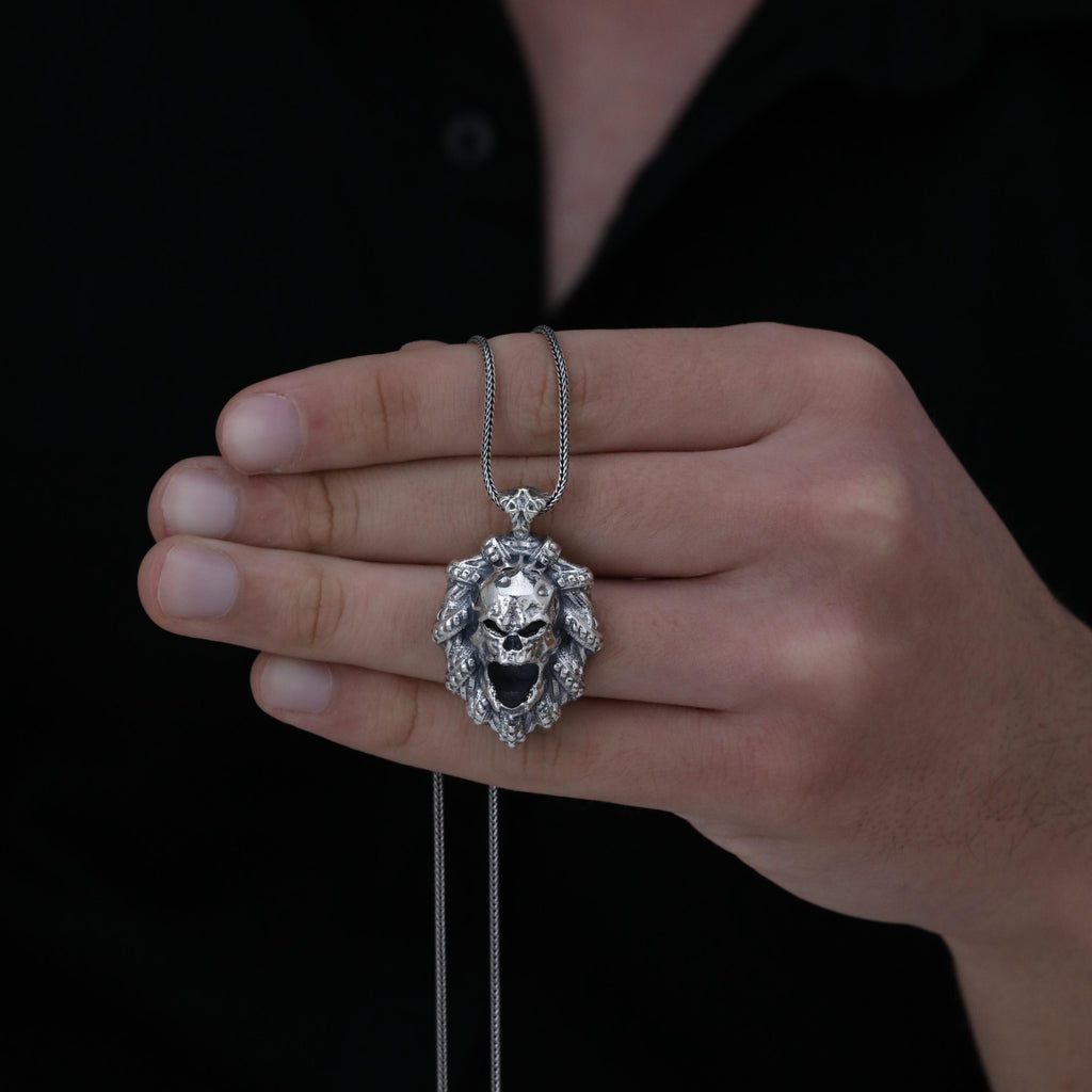 925 Sterling Silver Skull Pendant Necklace, Gothic Snake & Skull Medallion Necklace, Heavy Metal Biker Jewelry, Dark Aesthetic Gift