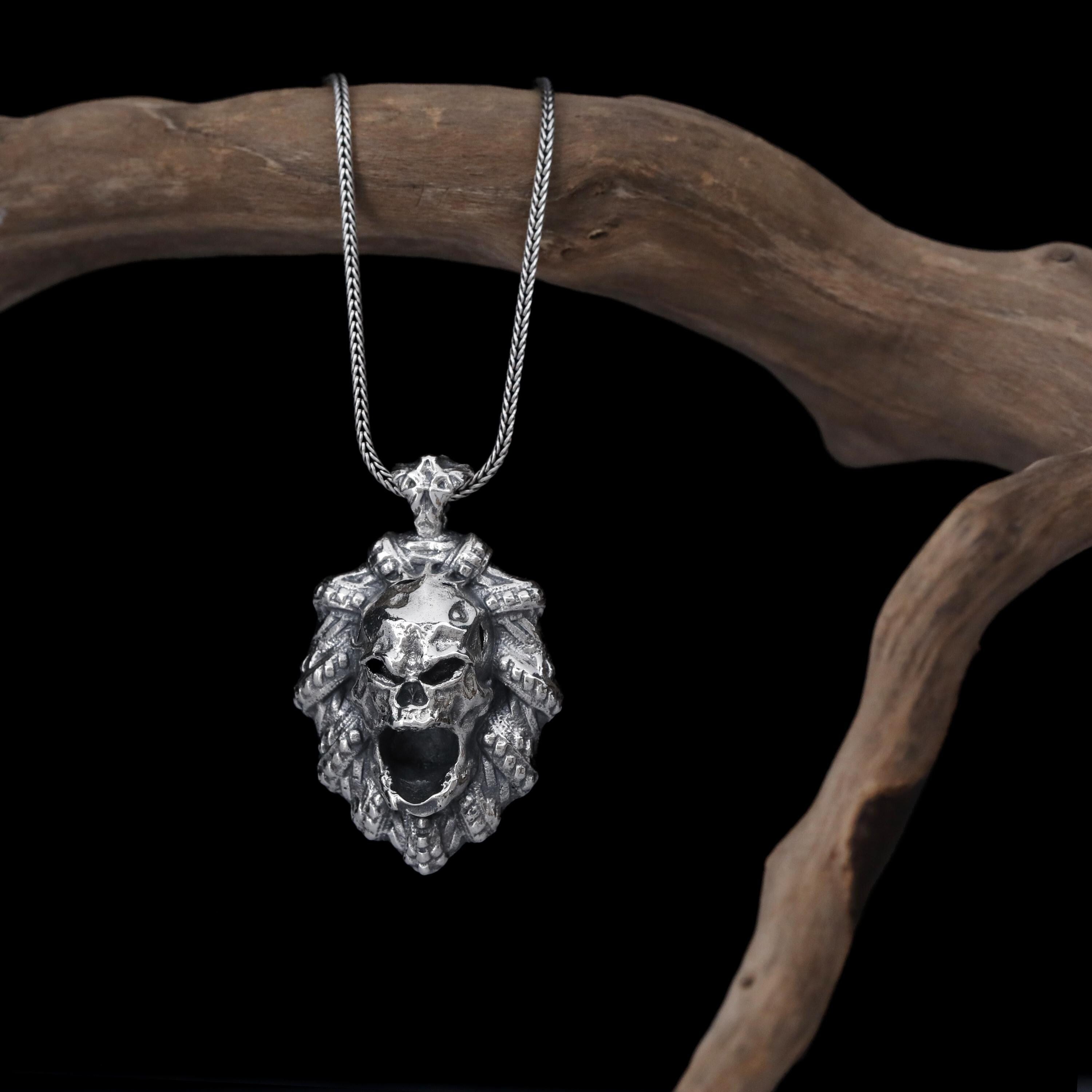 925 Sterling Silver Skull Pendant Necklace, Gothic Snake & Skull Medallion Necklace, Heavy Metal Biker Jewelry, Dark Aesthetic Gift