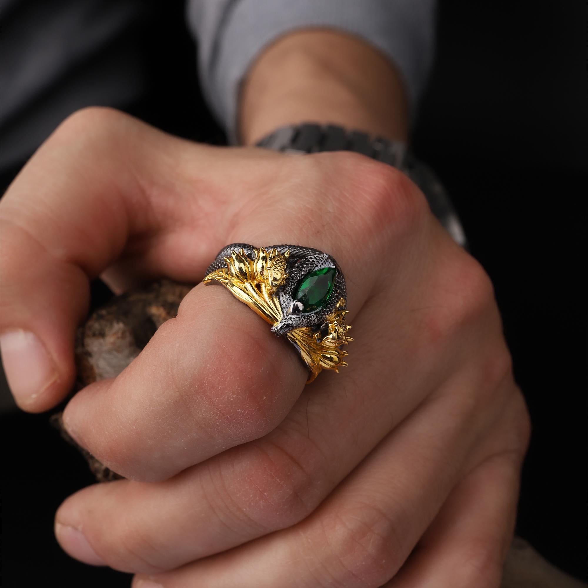 Gold Plated Sterling Silver Snake Ring: Green Gemstone Flower Design