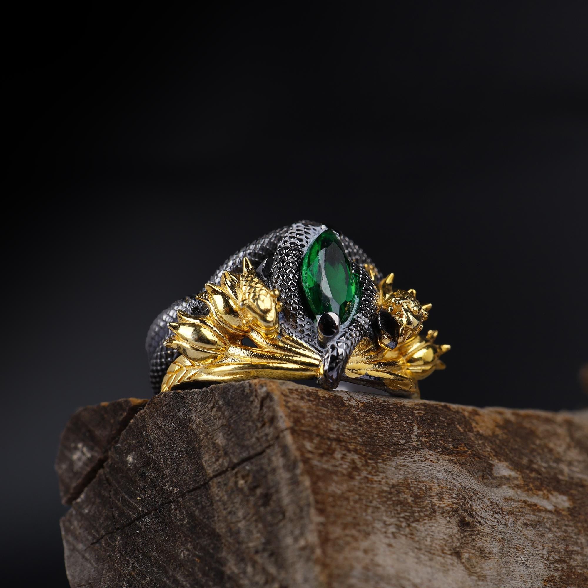 Gold Plated Sterling Silver Snake Ring: Green Gemstone Flower Design