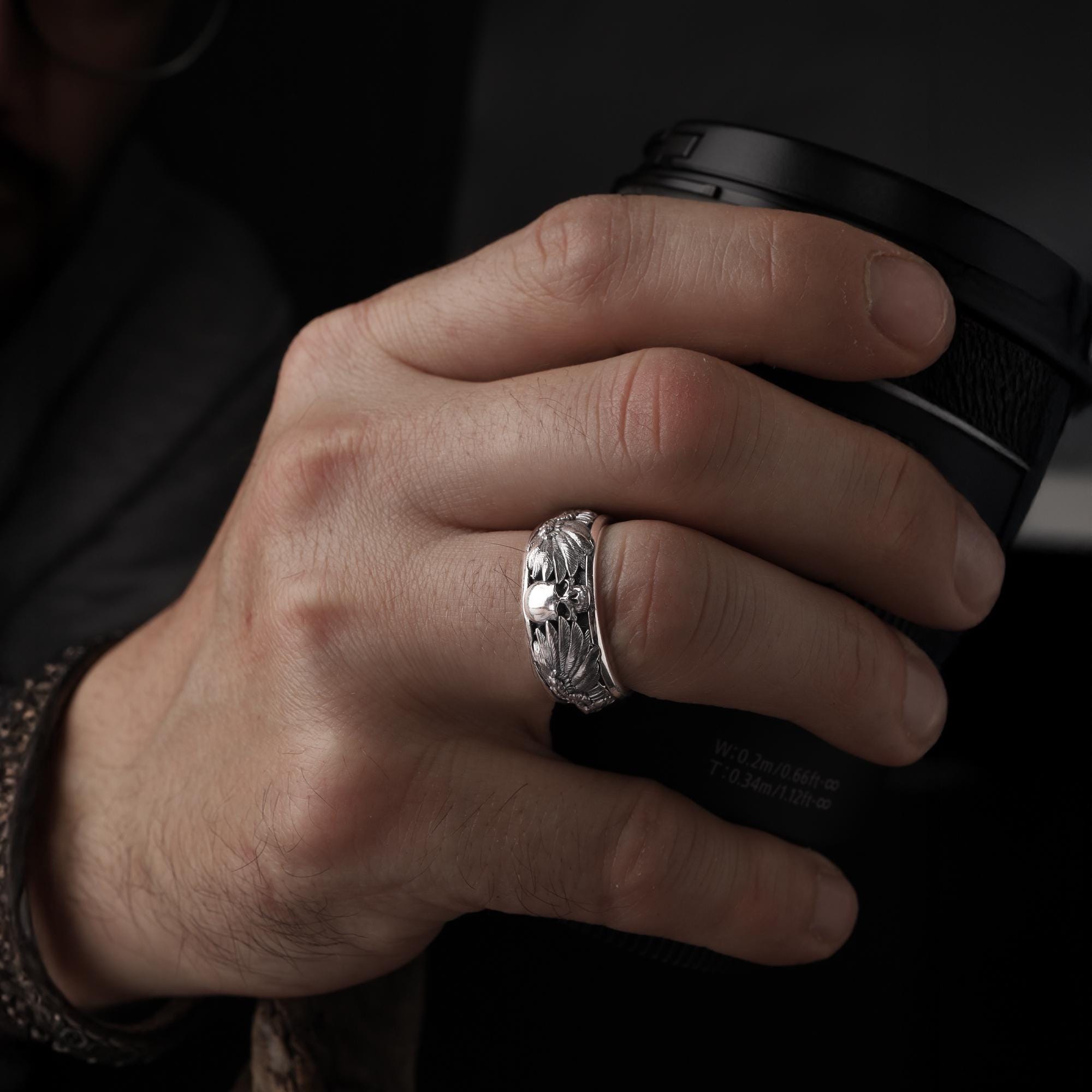 Handmade Raven Skull Ring: 925 Sterling Silver Gothic Mens Band, Viking Style Jewelry
