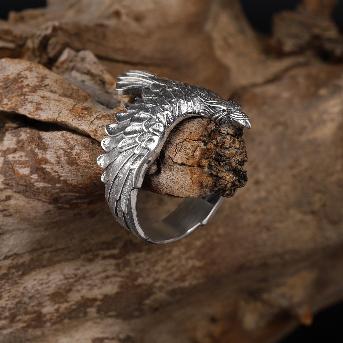 This raven ring for men is a bold and highly detailed design inspired by Norse mythology, Viking symbolism, crow jewelry, and statement men’s rings. Featuring a dramatic spread-wing raven motif, this ring captures the power, intelligence, and mystery long associated with the raven. It is an ideal choice for buyers searching for a Viking raven ring, Norse raven ring, crow ring for men, bird statement ring, or a symbolic men’s ring with a strong an