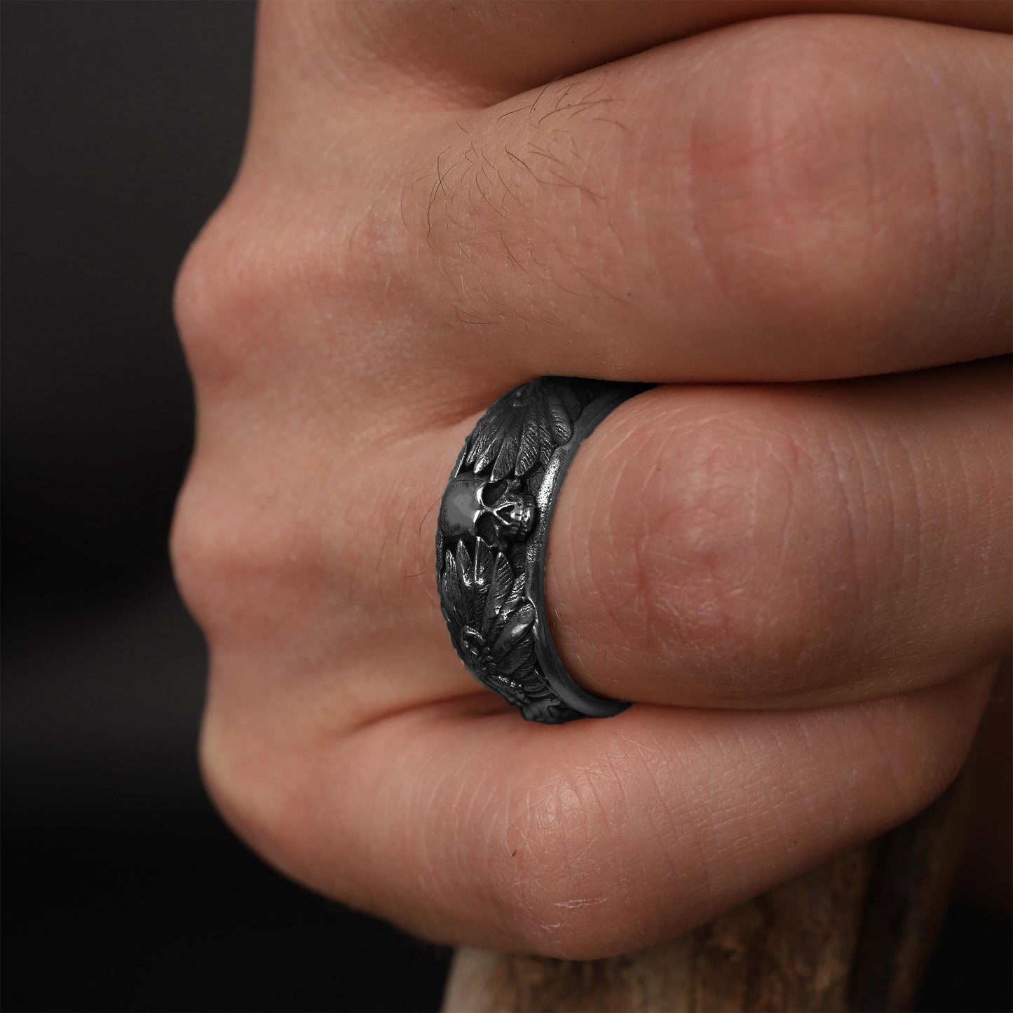 Handmade Raven Skull Ring: 925 Sterling Silver Gothic Mens Band, Viking Style Jewelry