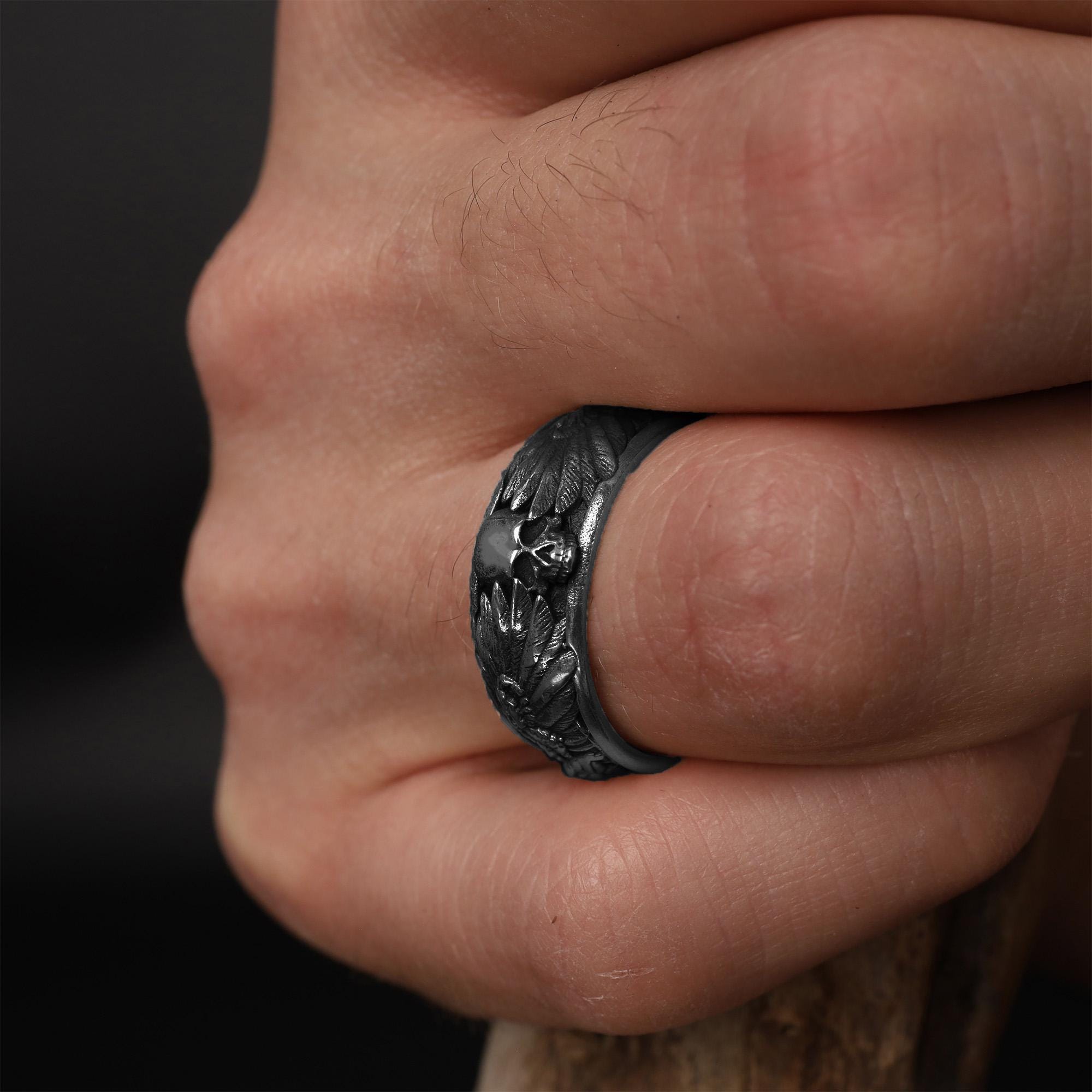 Sterling Silver Raven Skull Ring: Viking Gothic Men's Band, Dark Symbolic Jewelry