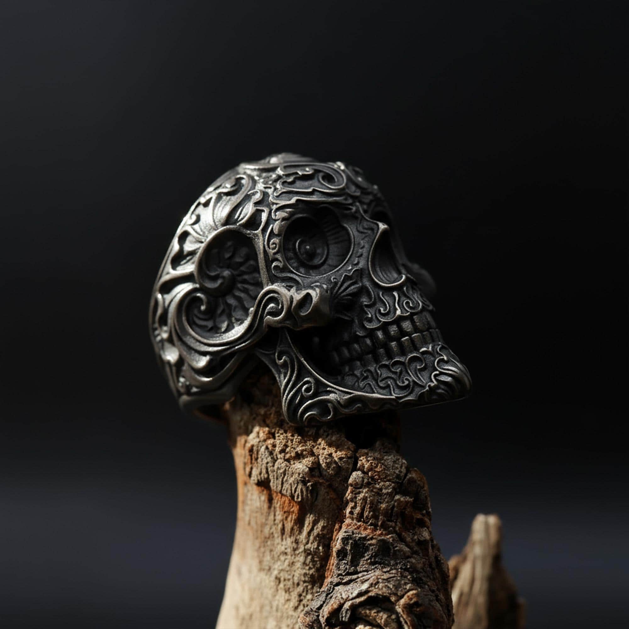 925K Sterling Silver Skull Ring: Baroque Engraved Gothic Biker Jewelry for Men