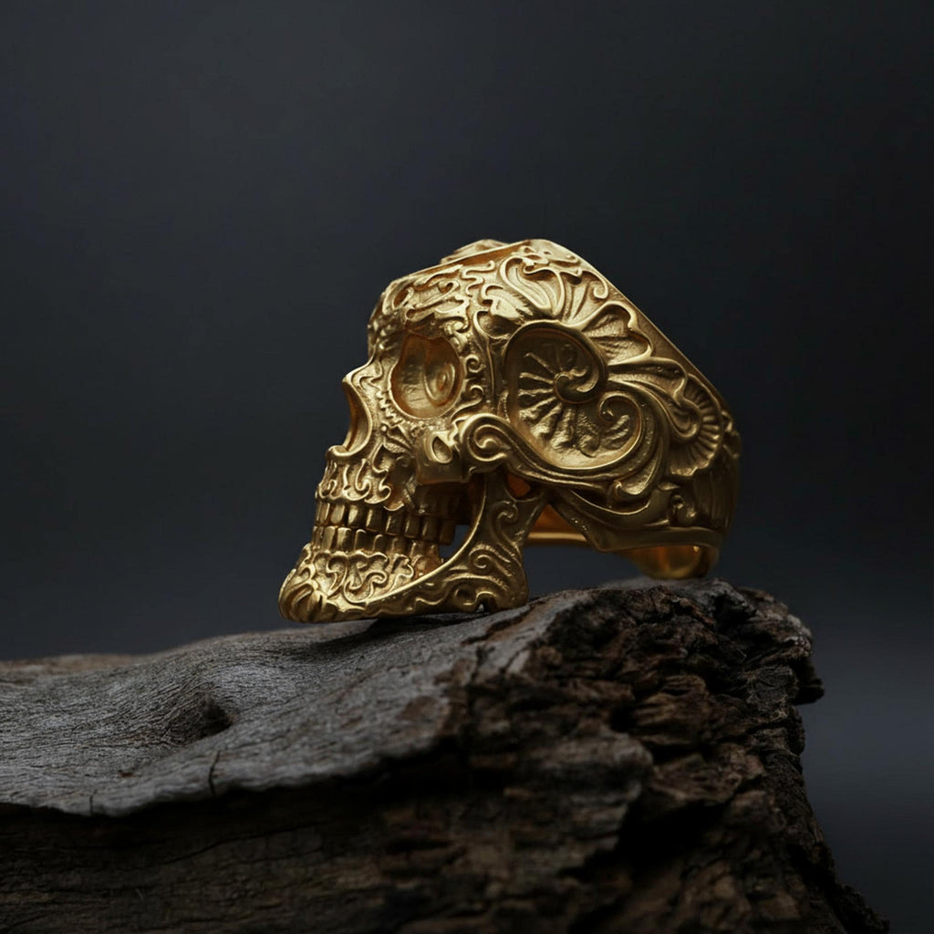 925K Sterling Silver Skull Ring: Baroque Engraved Gothic Biker Jewelry for Men