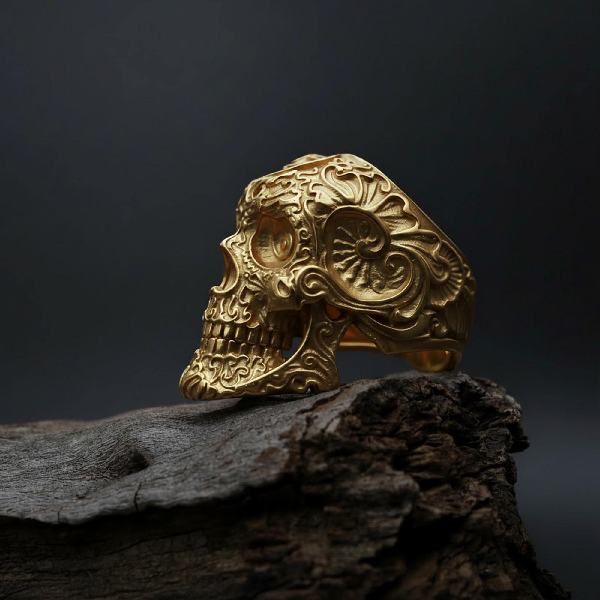 925K Sterling Silver Skull Ring: Baroque Engraved Gothic Biker Jewelry for Men