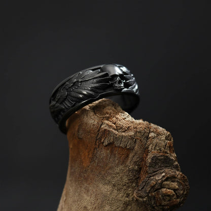 Handmade Raven Skull Ring: 925 Sterling Silver Gothic Mens Band, Viking Style Jewelry
