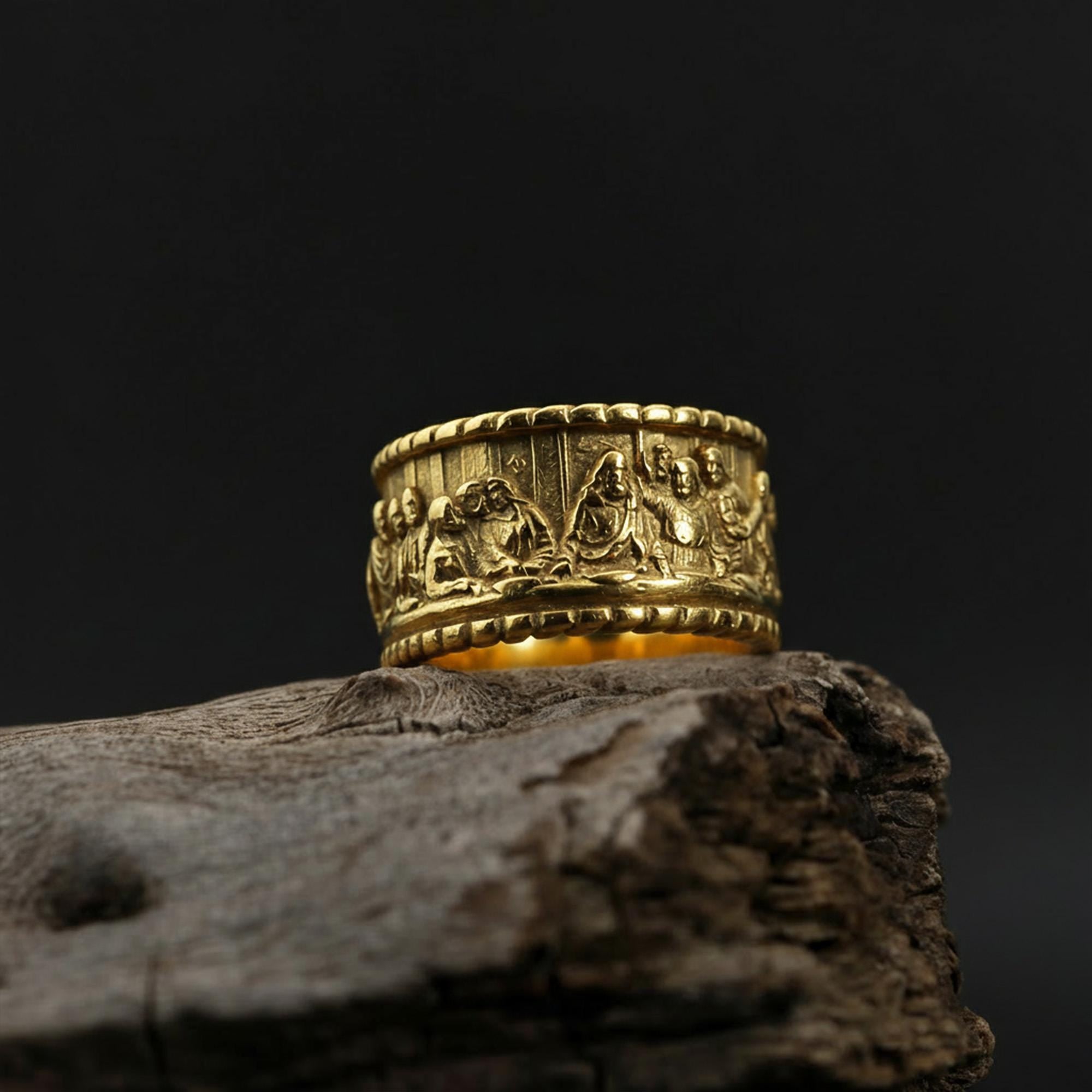 14K Solid Gold Last Supper Band Ring: Handcrafted Jesus Ring, Biblical Christian Jewelry