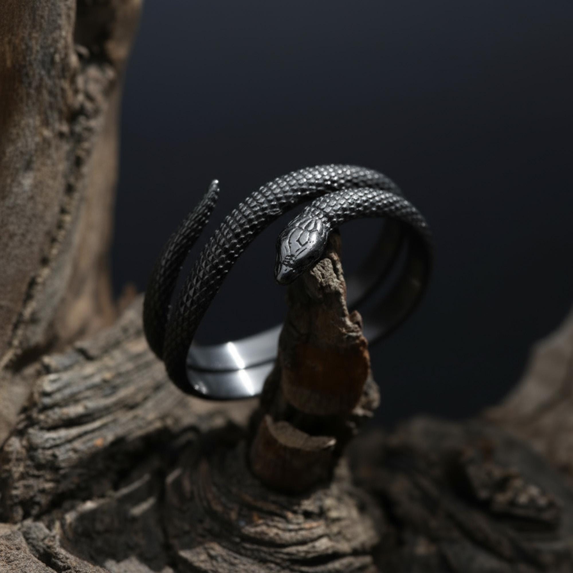 Twisted snake ring, 925 sterling silver gothic serpent band, handmade reptile jewelry, and bold statement piece designed for those who are drawn to mystery, transformation, and powerful symbolism. This striking ring features a detailed serpent form wrapping around the band, creating a look that feels fluid, intense, and visually captivating. It is not just a ring — it is a statement piece that blends gothic aesthetics, animal symbolism, and moder