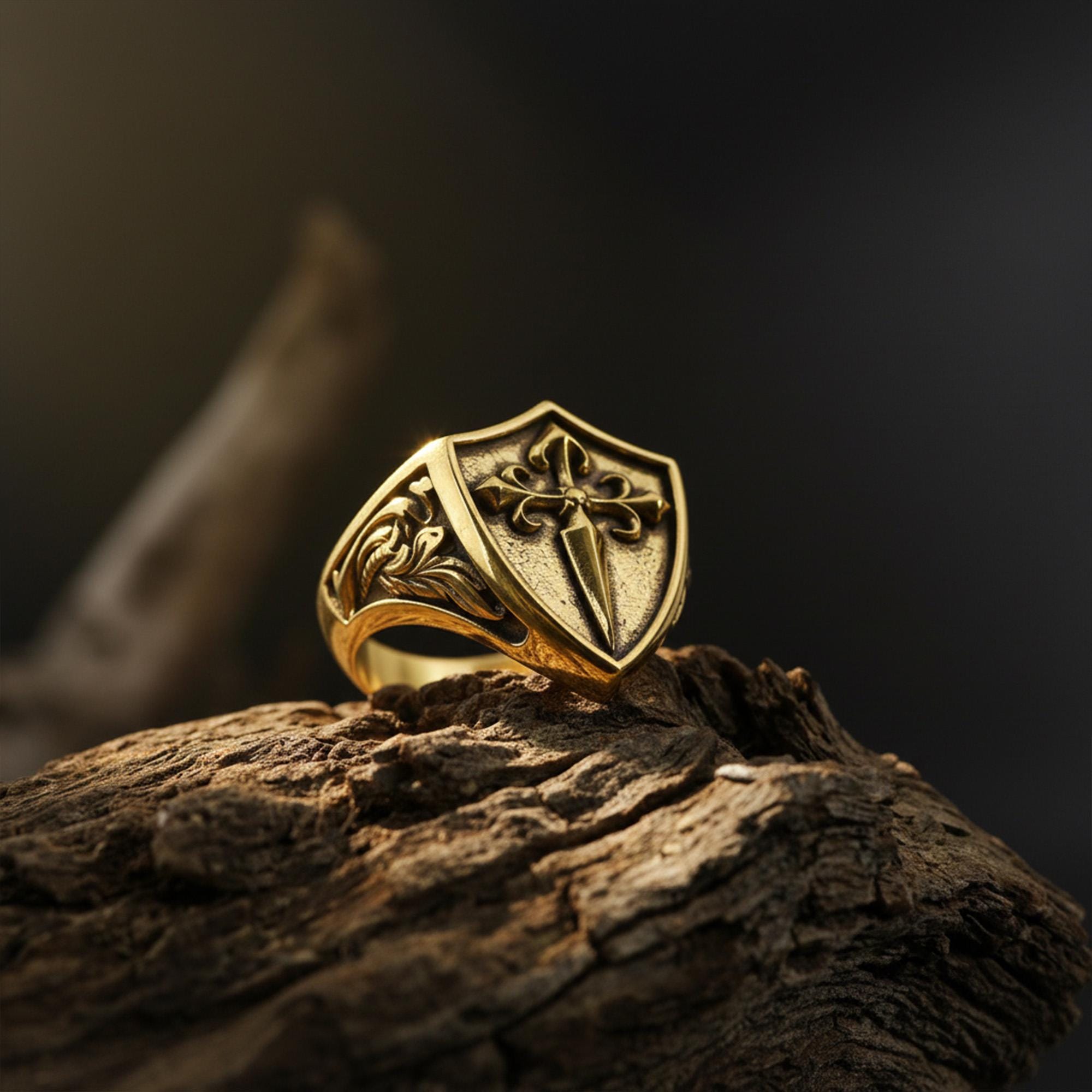 Handmade Sterling Silver Medieval Shield Ring, Fleur De Lis Sword