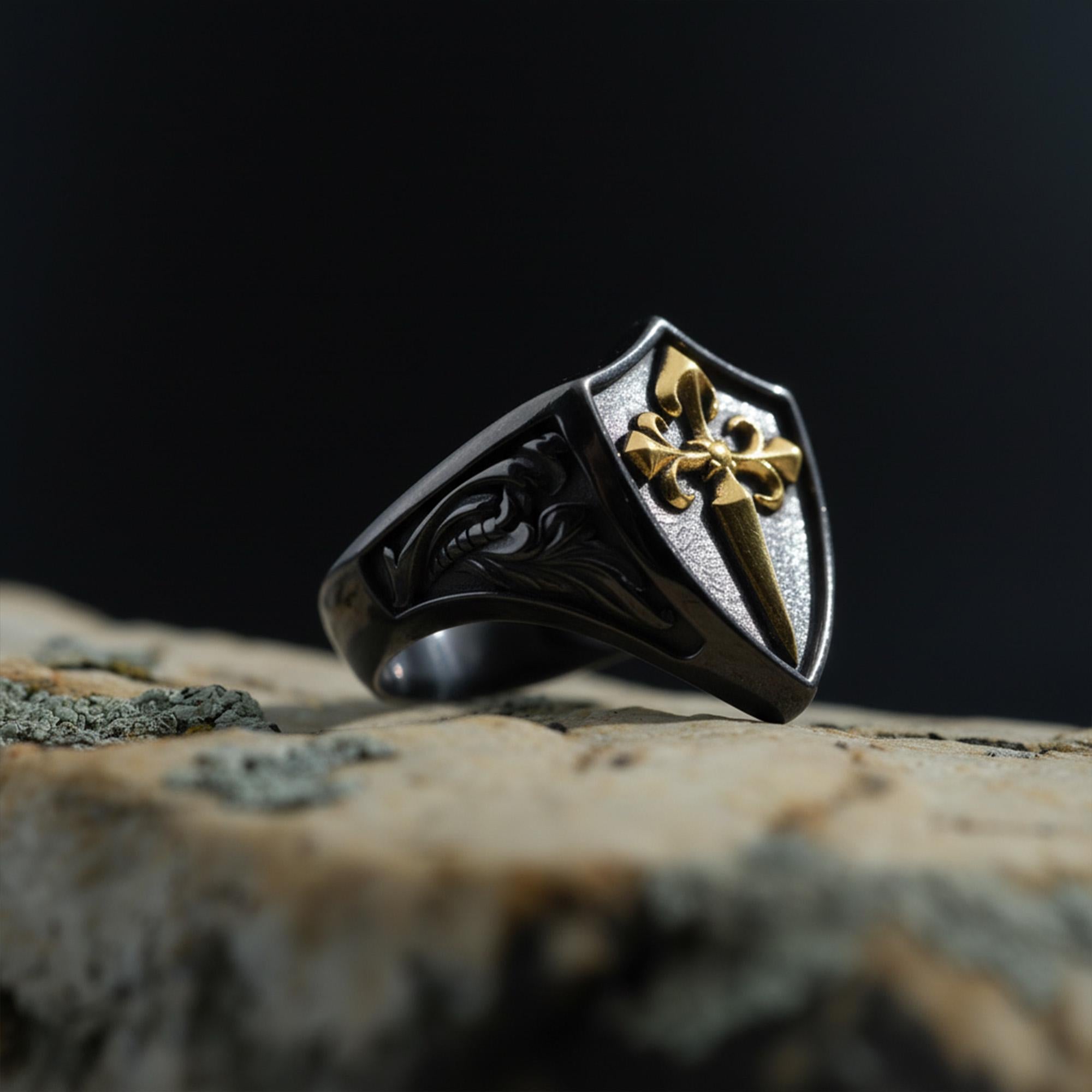 Handmade Sterling Silver Medieval Shield Ring, Fleur De Lis Sword