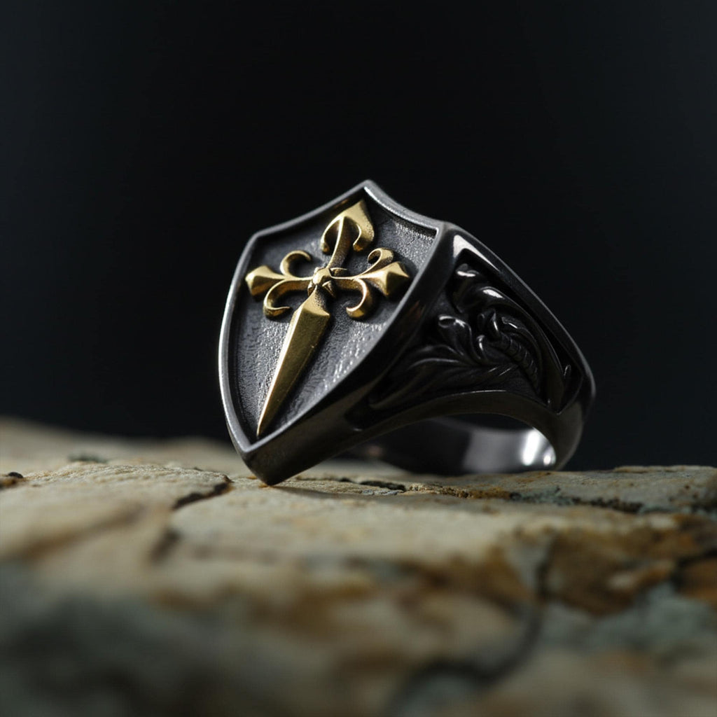 Handmade Sterling Silver Medieval Shield Ring, Fleur De Lis Sword
